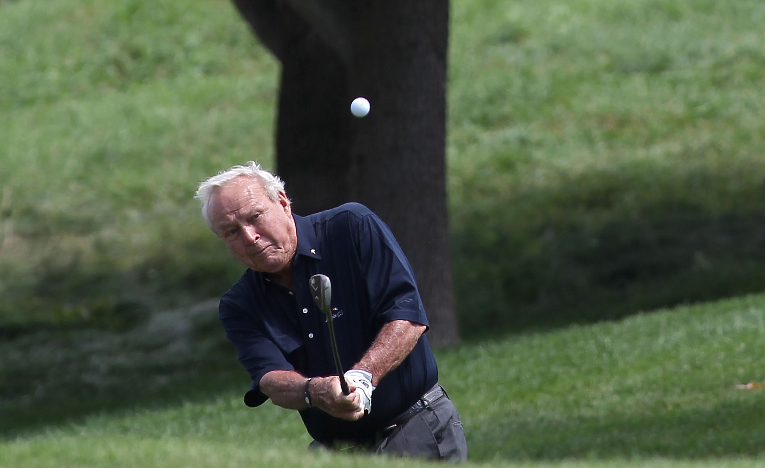 BLAINE, MN - AUGUST 07:  Arnold Palmer his a shot during th Greats of Golf exhibition during the second round of the 3M Championship at TPC Twin Cities held on August 7, 2010 in Blaine, Minnesota.  (Photo by Michael Cohen/Getty Images)