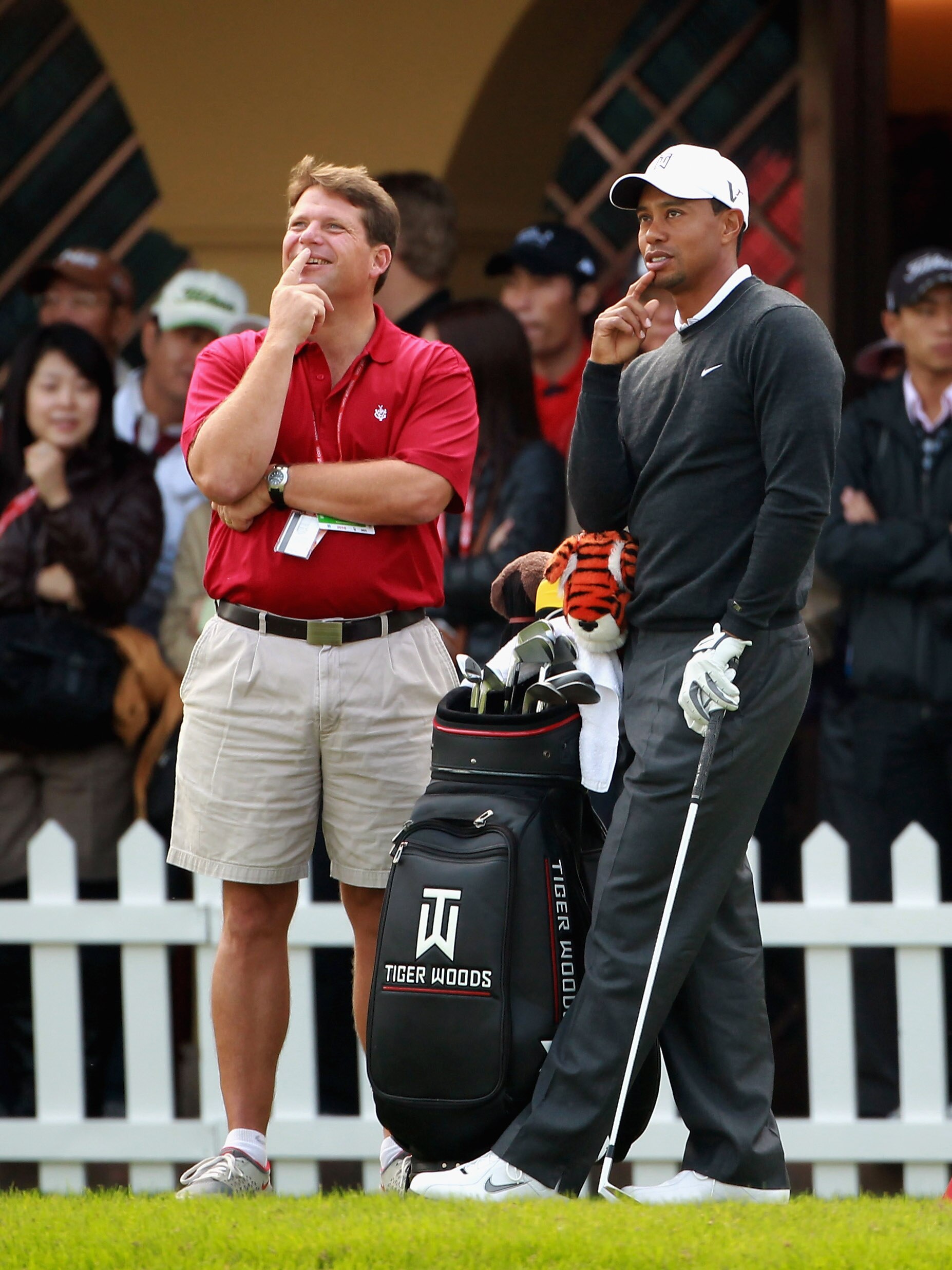SHANGHAI, CHINA - NOVEMBER 03:  Tiger Woods of the USA talks with AP Golf Writer Doug Ferguson during the pro-am prior to the start of the WGC-HSBC Champions at Sheshan International Golf Club on November 3, 2010 in Shanghai, China.  (Photo by Andrew Redi