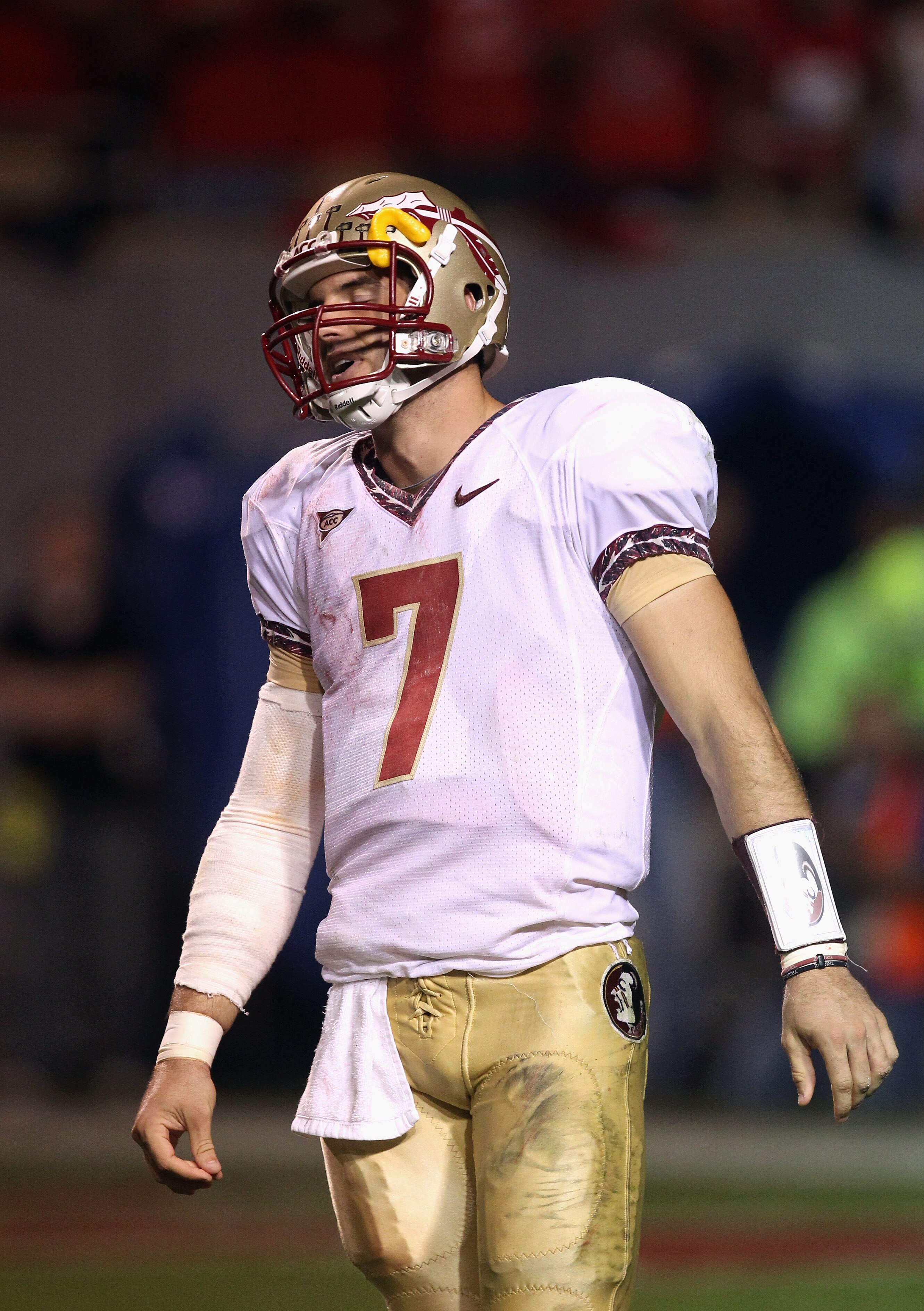RALEIGH, NC - OCTOBER 28:  Christian Ponder #7 of the Florida State Seminoles reacts to a play against the North Carolina State Wolfpack during their game at Carter-Finley Stadium on October 28, 2010 in Raleigh, North Carolina.  (Photo by Streeter Lecka/G