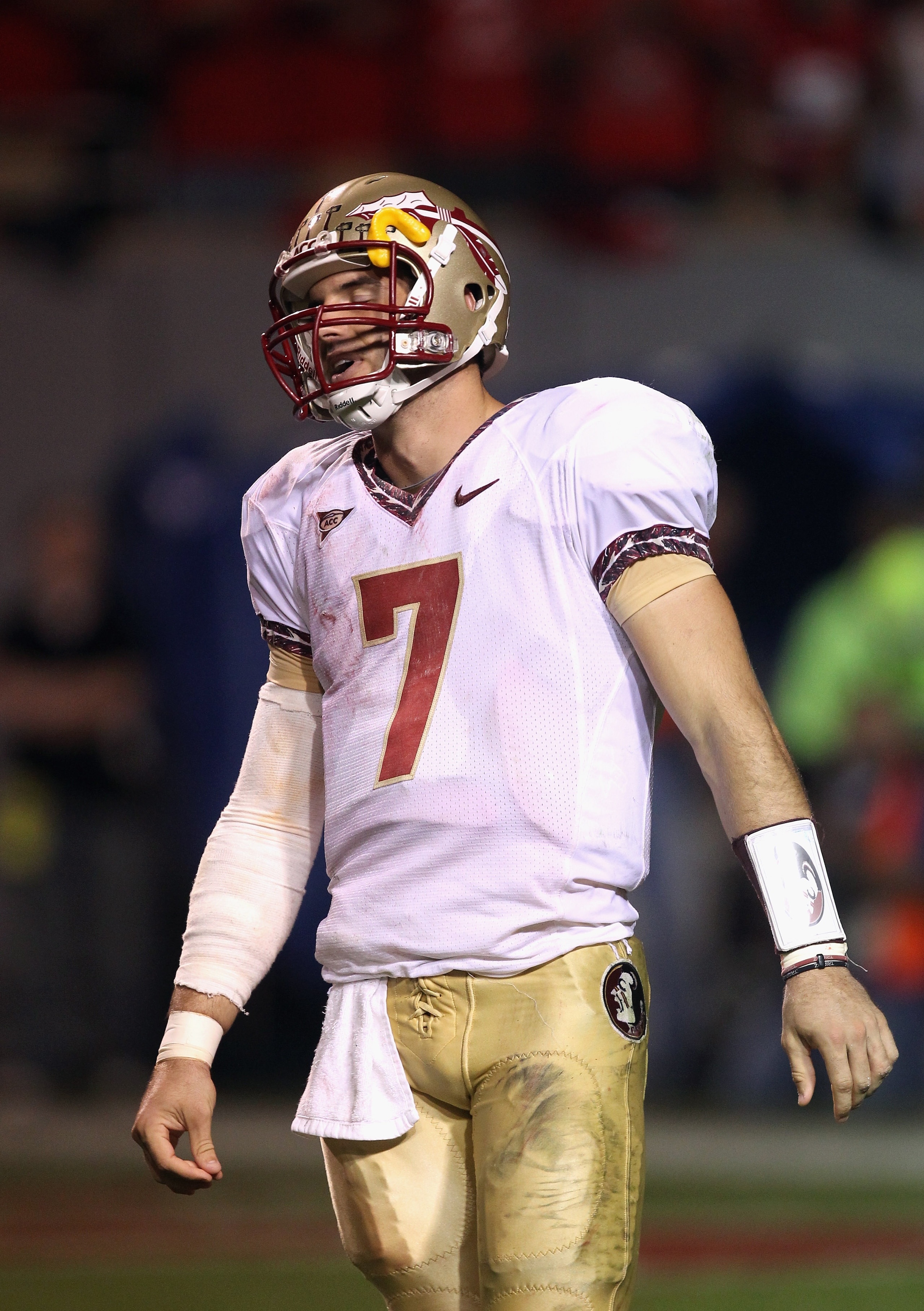RALEIGH, NC - OCTOBER 28:  Christian Ponder #7 of the Florida State Seminoles reacts to a play against the North Carolina State Wolfpack during their game at Carter-Finley Stadium on October 28, 2010 in Raleigh, North Carolina.  (Photo by Streeter Lecka/G