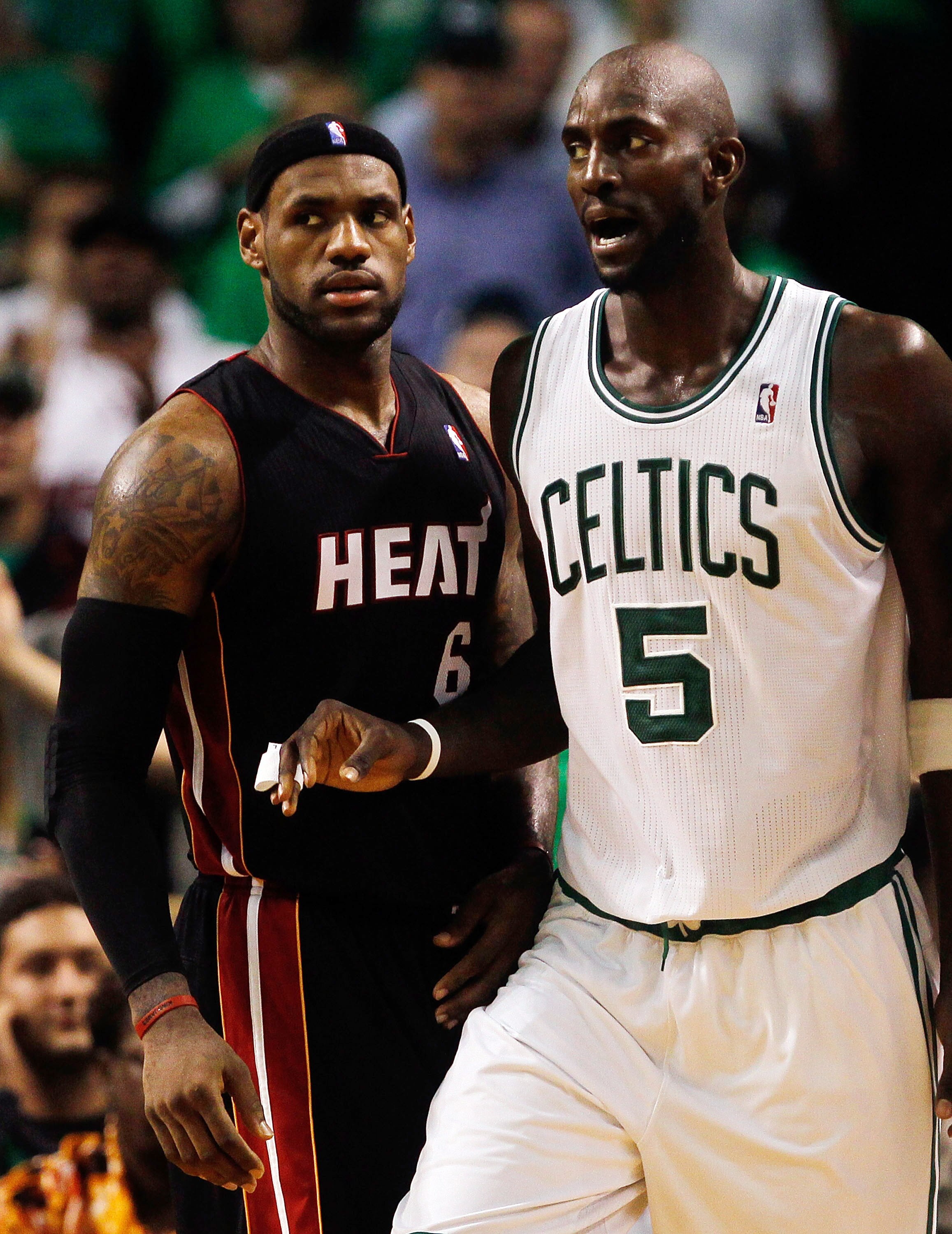 BOSTON, MA - OCTOBER 26:  Kevin Garnett #5 of the Boston Celticsof the Boston Celtics defends against LeBron James #6 of the Miami Heat at the TD Banknorth Garden on October 26, 2010 in Boston, Massachusetts. NOTE TO USER: User expressly acknowledges and