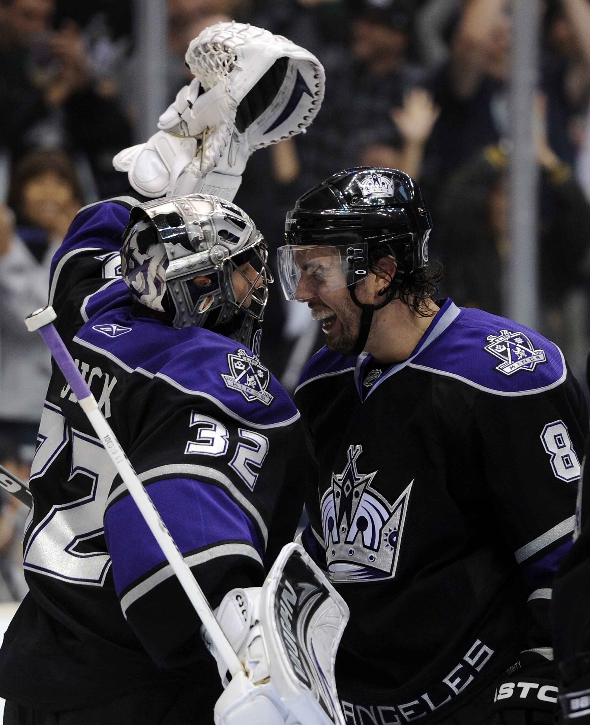 LOS ANGELES, CA - NOVEMBER 04:  Drew Doughty #8 and Jonathan Quick #32 of the Los Angeles Kings react to a 1-0 win over the Tampa Bay Lightning at Staples Center on November 4, 2010 in Los Angeles, California.  (Photo by Harry How/Getty Images)