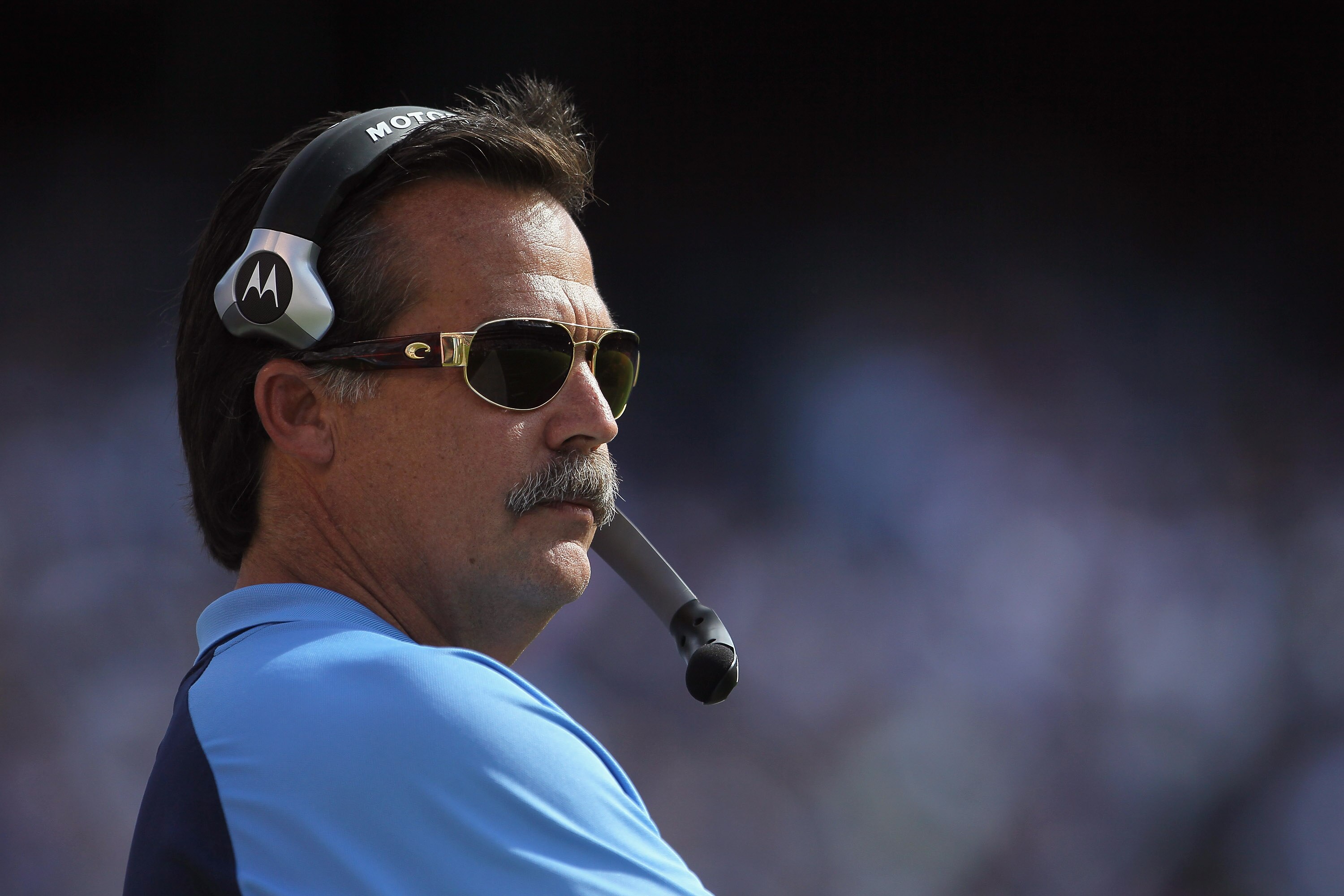SAN DIEGO - OCTOBER 31:  Tennessee Titans head coach Jeff Fisher looks on from the sideline against the San Diego Chargers at Qualcomm Stadium on October 31, 2010 in San Diego, California. The Chargers defeated the Titans 33-25.  (Photo by Jeff Gross/Gett