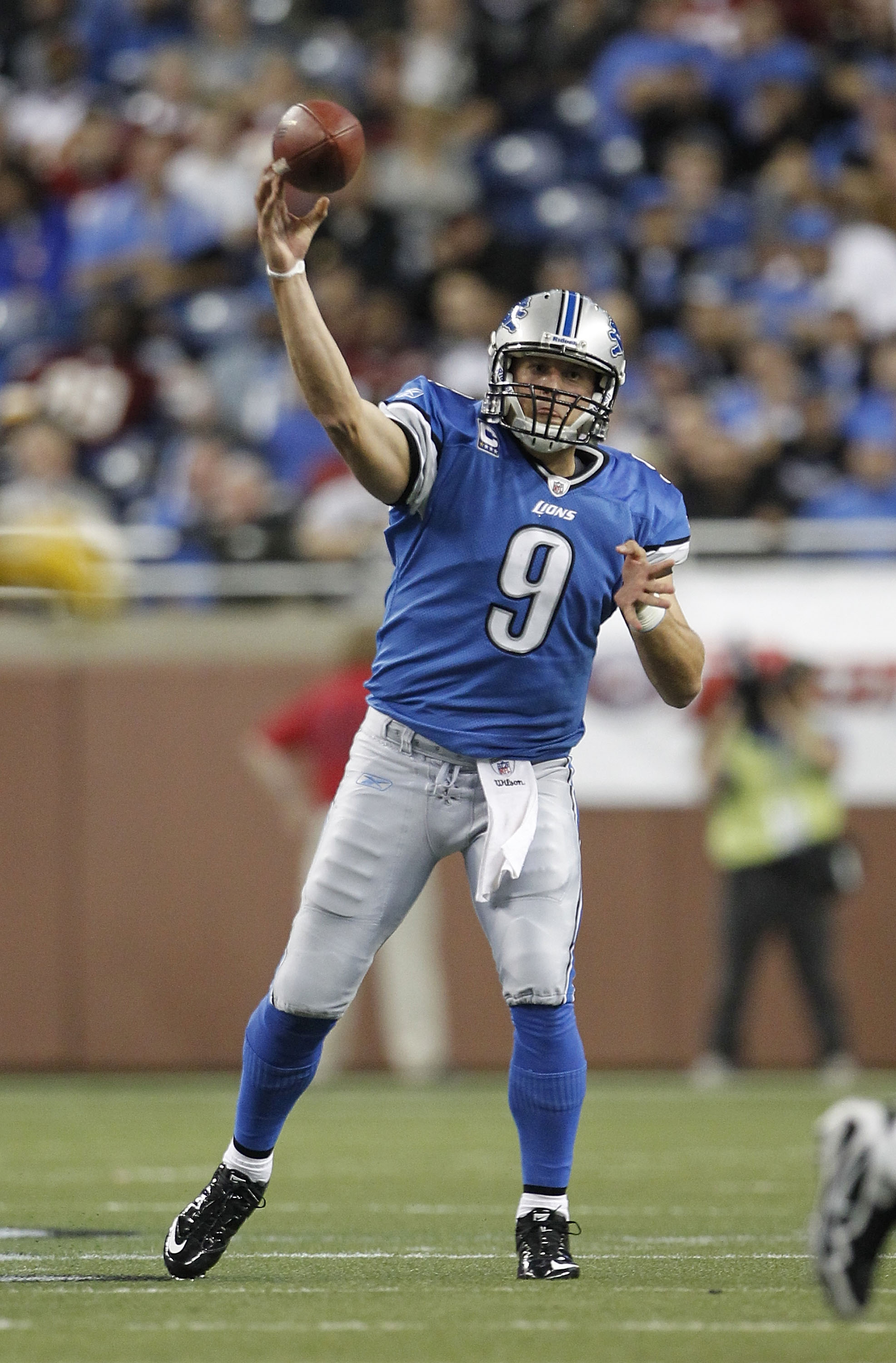 DETROIT - OCTOBER 31: Matthew Stafford #9 of the Detroit Lions drops back to pass during the fourth quarter of the game against the Washington Redskins at Ford Field on October 31, 2010 in Detroit, Michigan. The Lions defeated the Redskins 37-25.  (Photo