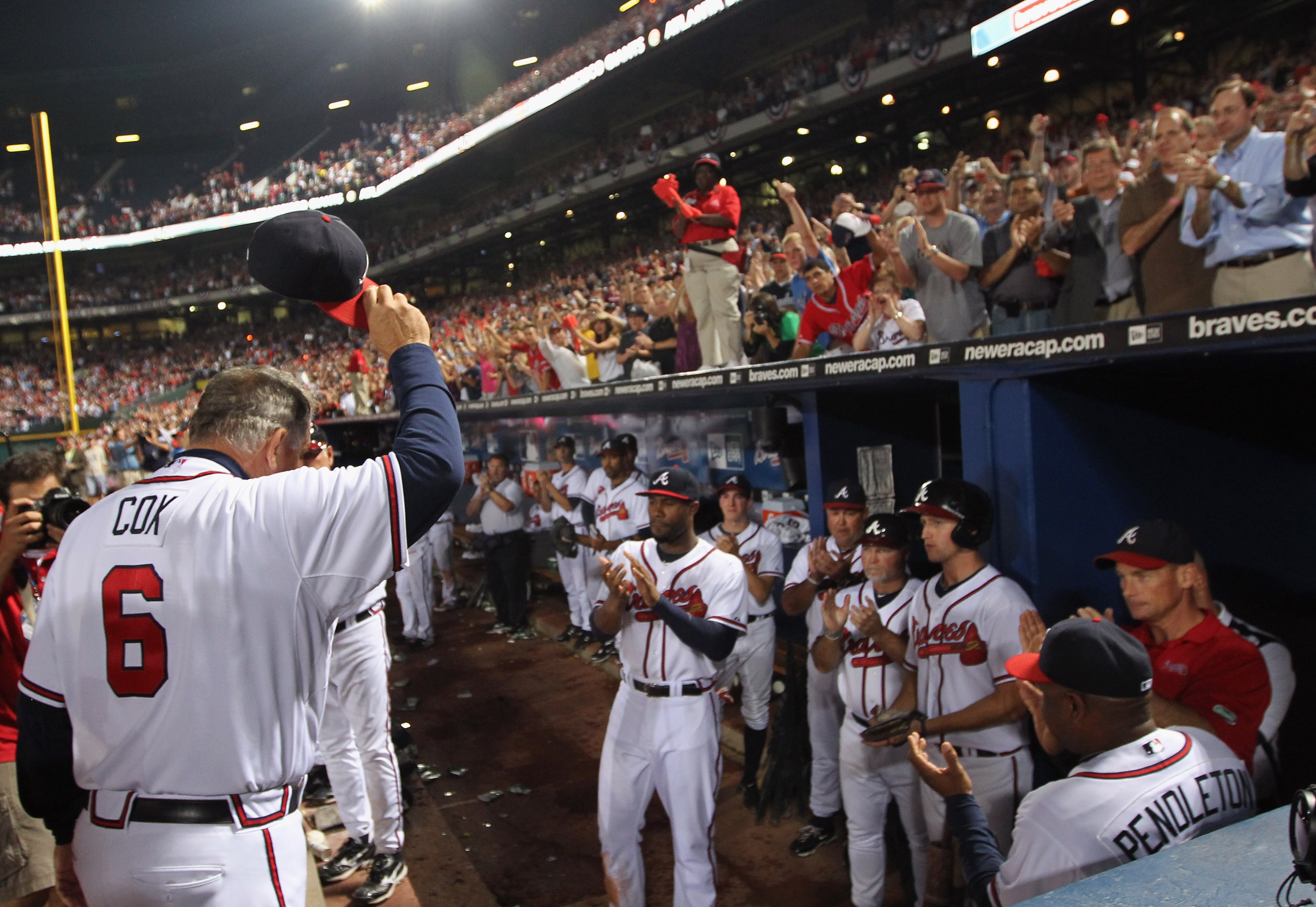 ATLANTA - OCTOBER 11:  Manager Bobby Cox #6 of the Atlanta Braves waves to the crowd after the Braves were defeated by the San Francisco Giants 3-2 during Game Four of the NLDS of the 2010 MLB Playoffs on October 11, 2010  at Turner Field in Atlanta, Geor