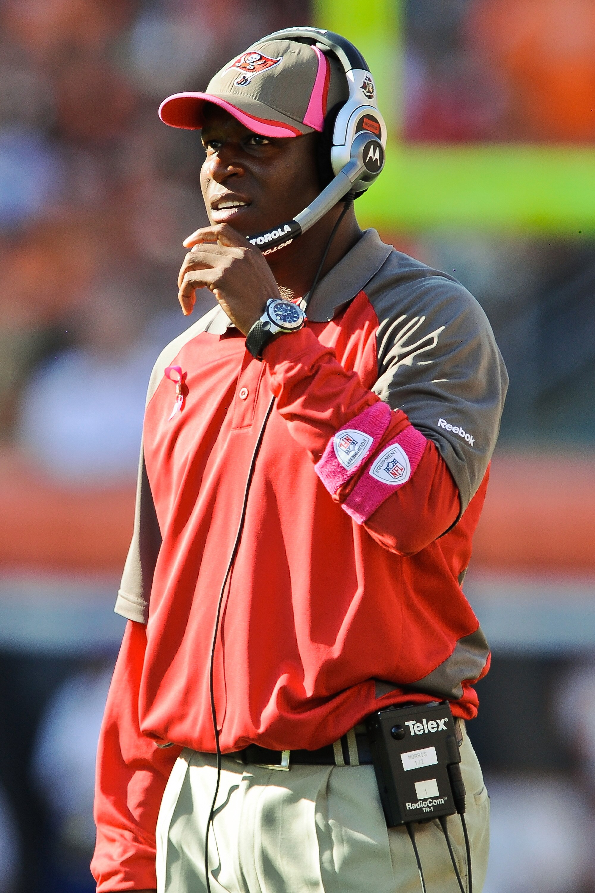 CINCINNATI, OH - OCTOBER 10: Head Coach Raheem Morris of the Tampa Bay Buccaneers watches his team play the Cincinnati Bengals at Paul Brown Stadium on October 10, 2010 in Cincinnati, Ohio. (Photo by Jamie Sabau/Getty Images)
