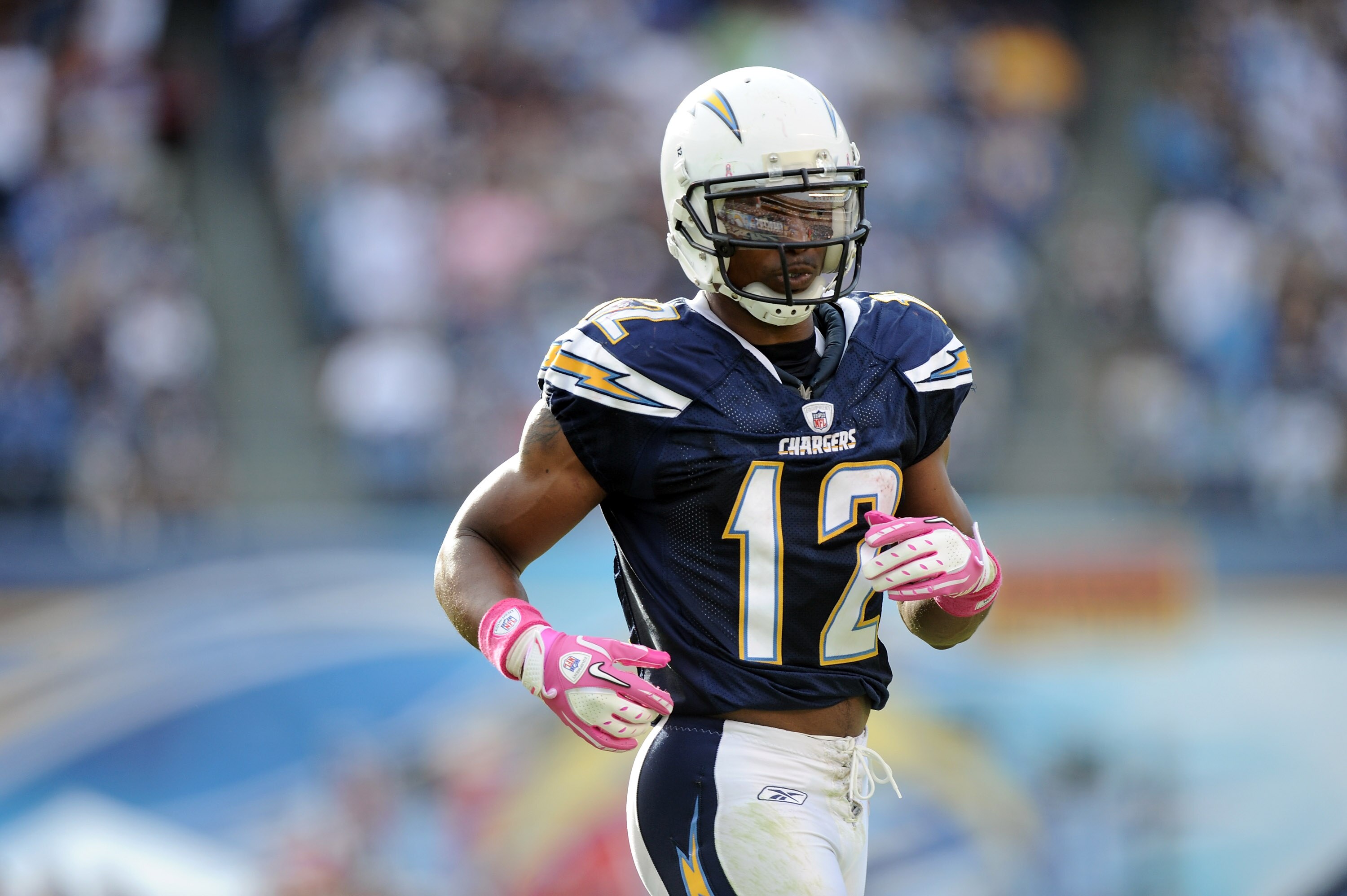 SAN DIEGO - OCTOBER 24:  Patrick Crayton #12 of the San Diego Chargers ready at the line of scrimmage against the New England Patriots at Qualcomm Stadium on October 24, 2010 in San Diego, California.  (Photo by Harry How/Getty Images)