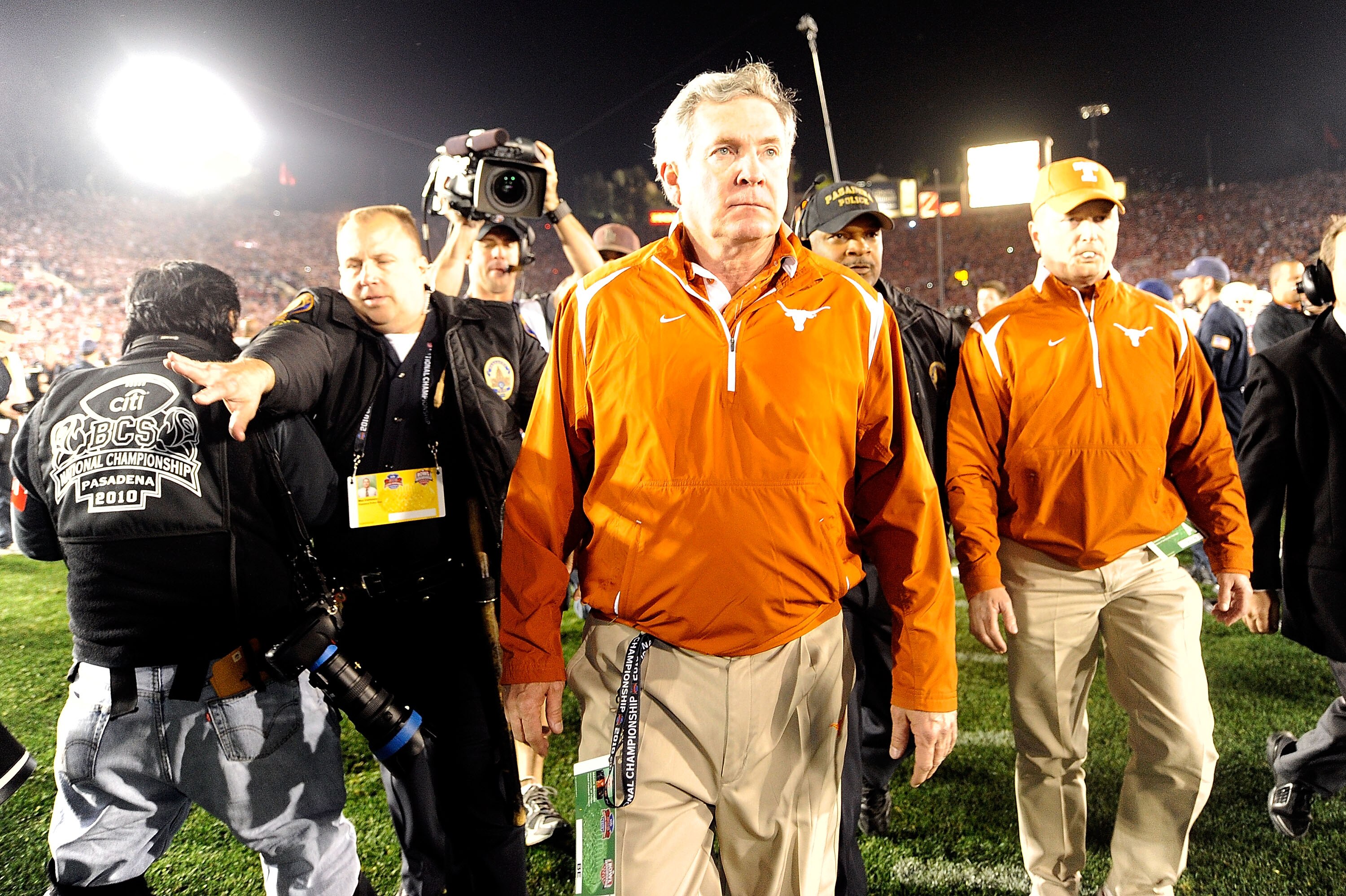PASADENA, CA - JANUARY 07:  Head Coach Mack Brown of the Texas Longhorns walks on the field after losing the Citi BCS National Championship game to the Alabama Crimson Tide at the Rose Bowl on January 7, 2010 in Pasadena, California. The Crimson Tide defe