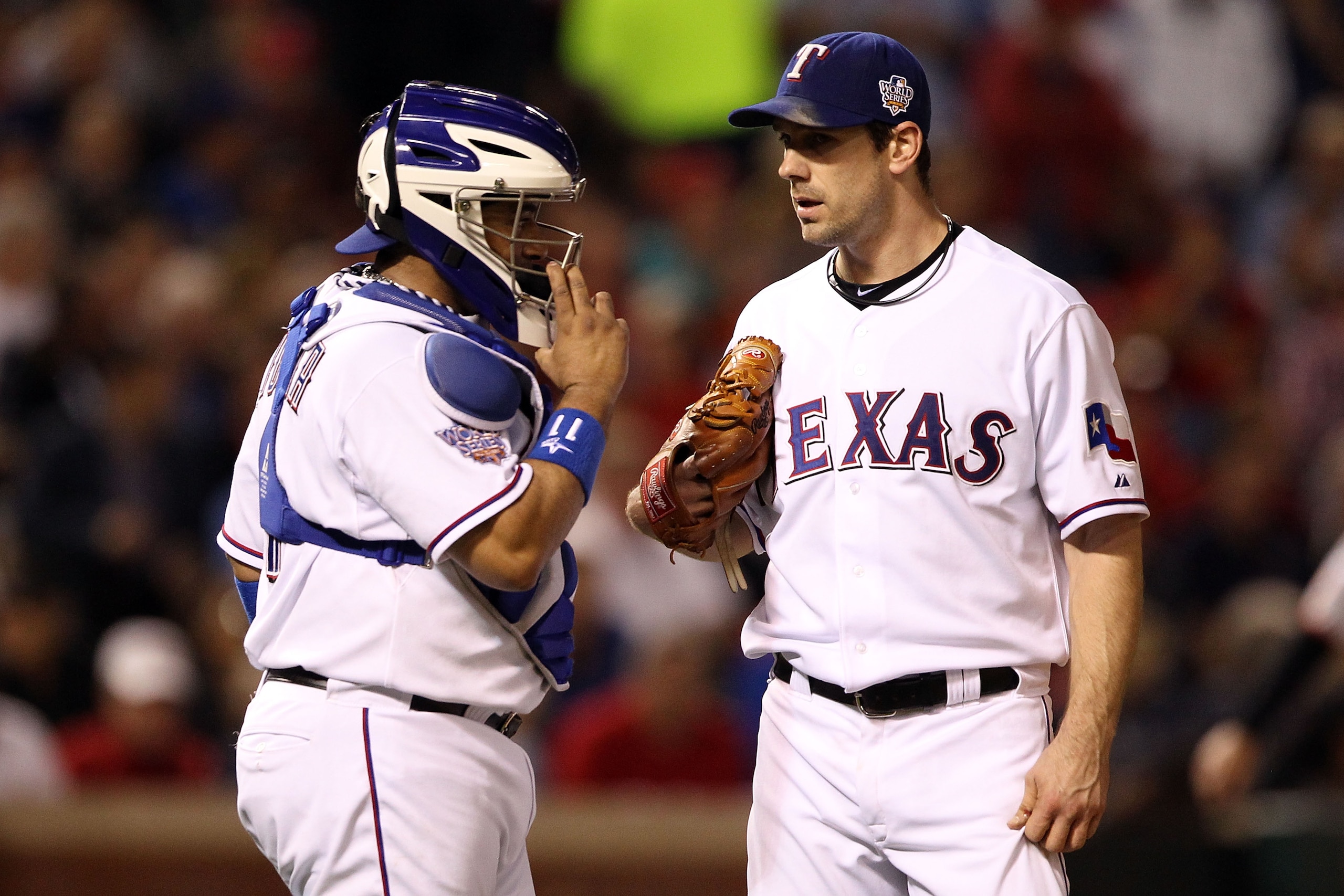 ARLINGTON, TX - NOVEMBER 01: (L-R) Bengie Molina #11 and Cliff Lee #33 of the Texas Rangers talk on the mound against the San Francisco Giants in Game Five of the 2010 MLB World Series at Rangers Ballpark in Arlington on November 1, 2010 in Arlington, Te ARLINGTON, TX - NOVEMBER 01: (L-R) Bengie Molina #11 and Cliff Lee #33 of the Texas Rangers talk on the mound against the San Francisco Giants in Game Five of the 2010 MLB World Series at Rangers Ballpark in Arlington on November 1, 2010 in Arlington, Te