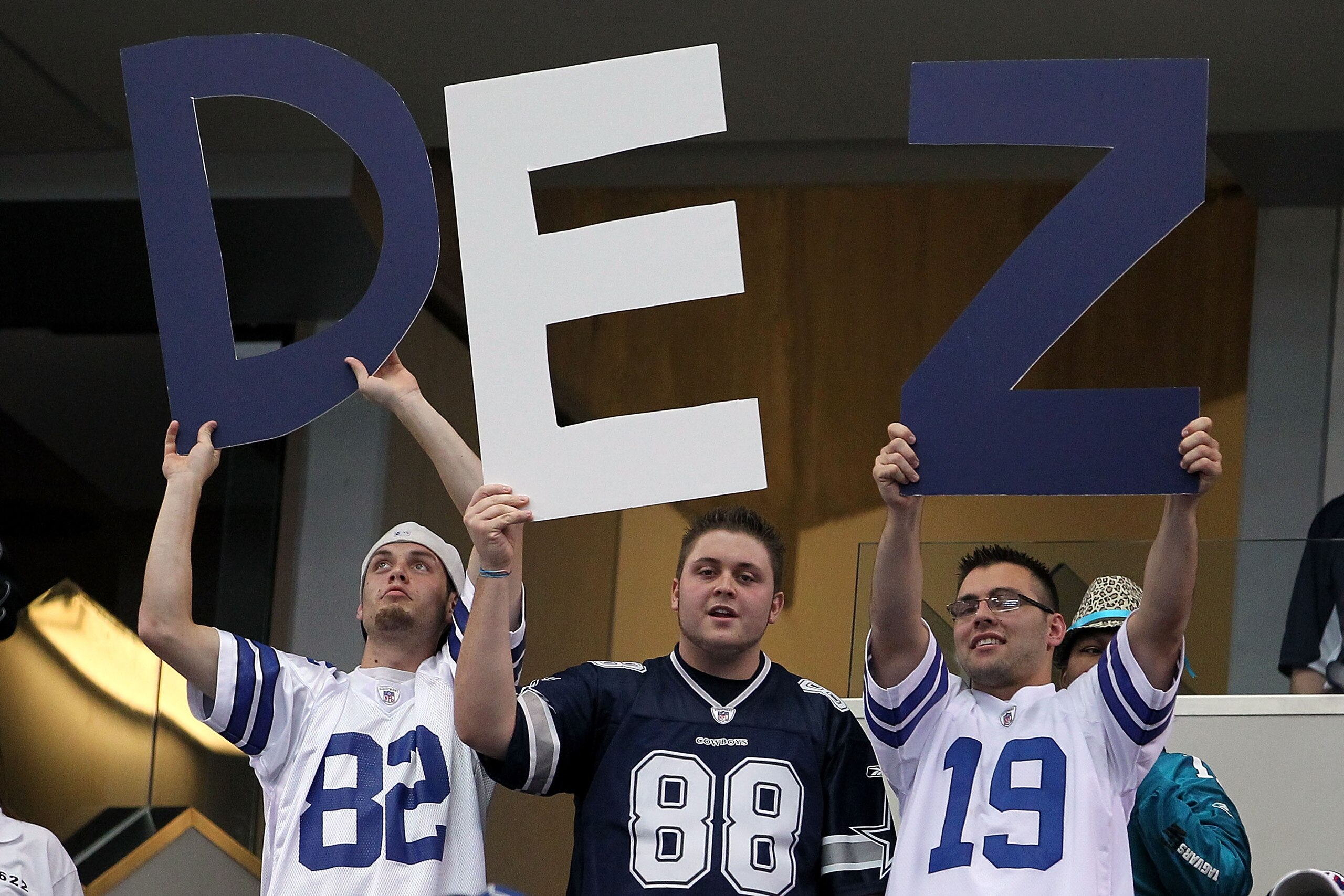 ARLINGTON, TX - OCTOBER 31: Fans of the Dallas Cowboys hold up a sign in support of Dez Bryant #88 against the Jacksonville Jaguars at Cowboys Stadium on October 31, 2010 in Arlington, Texas. (Photo by Chris Chambers/Getty Images) ARLINGTON, TX - OCTOBER 31: Fans of the Dallas Cowboys hold up a sign in support of Dez Bryant #88 against the Jacksonville Jaguars at Cowboys Stadium on October 31, 2010 in Arlington, Texas. (Photo by Chris Chambers/Getty Images)