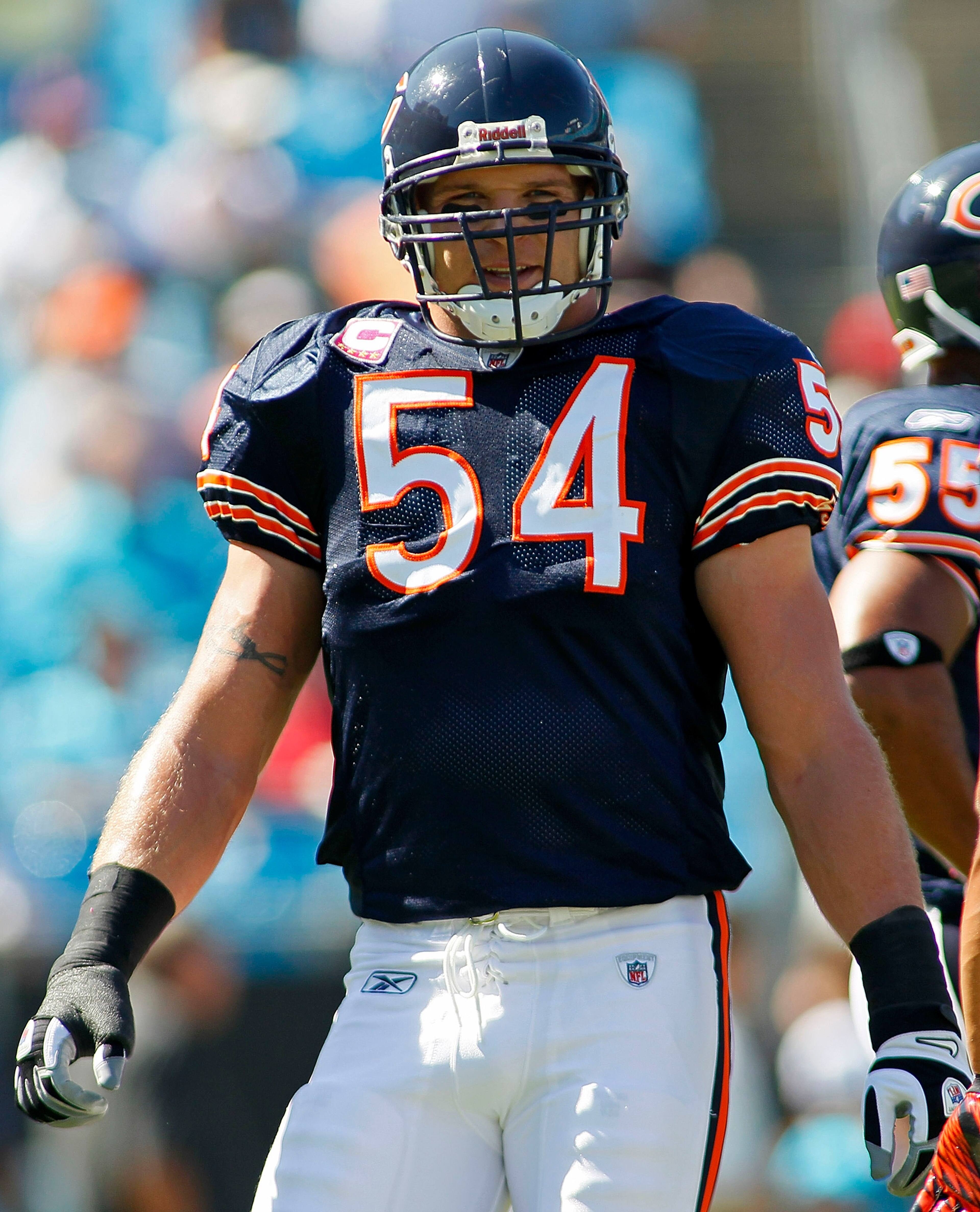 CHARLOTTE, NC - OCTOBER 10: Linebacker Brian Urlacher #54 of the Chicago Bears warms up prior to the Bears game against the Carolina Panthers at Bank of America Stadium on October 10, 2010 in Charlotte, North Carolina. (Photo by Geoff Burke/Getty Images)