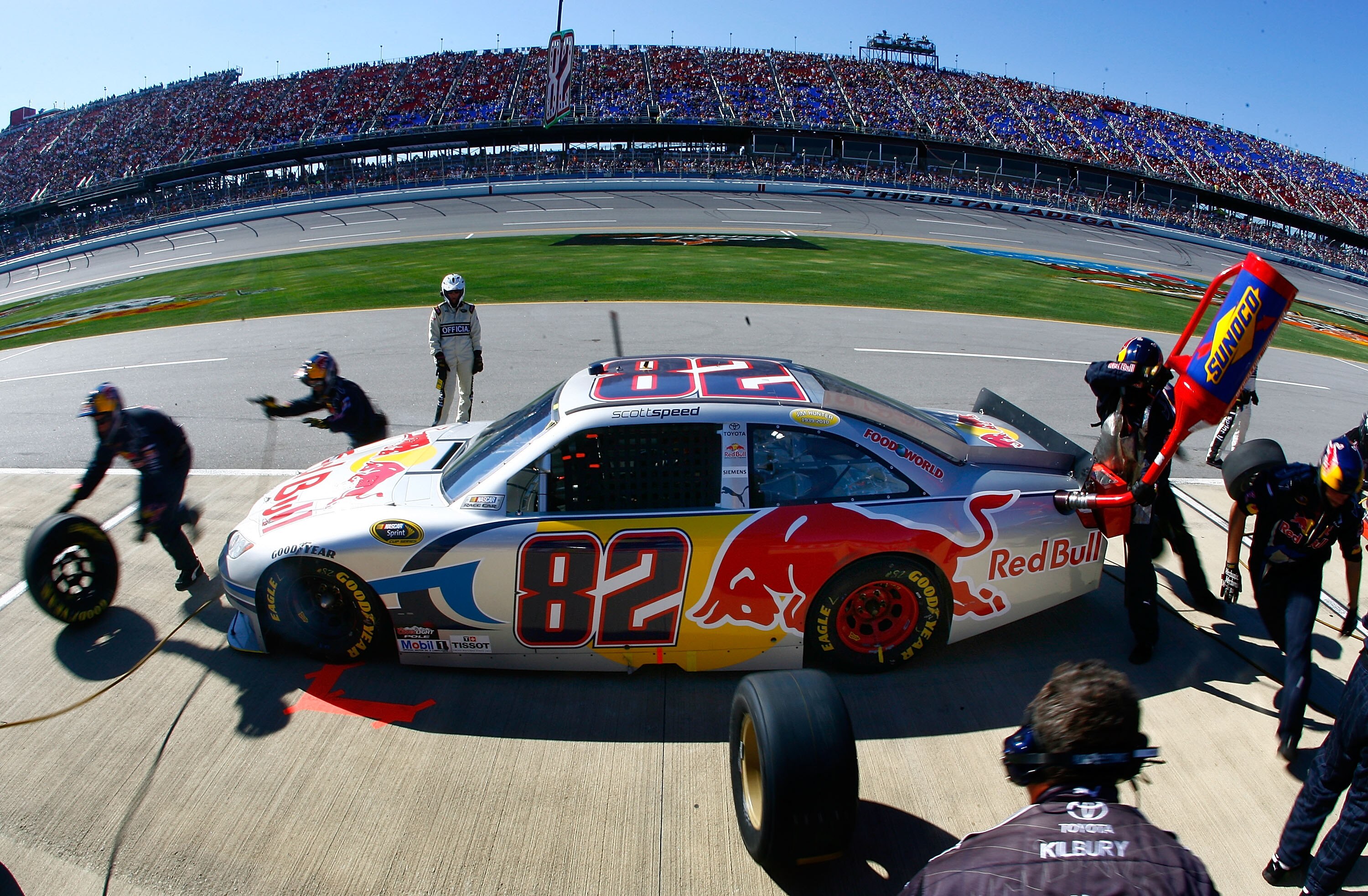 TALLADEGA, AL - OCTOBER 31:  Scott Speed pits the #82 Red Bull Toyota during the NASCAR Sprint Cup Series AMP Energy Juice 500 at Talladega Superspeedway on October 31, 2010 in Talladega, Alabama.  (Photo by Jason Smith/Getty Images for NASCAR)