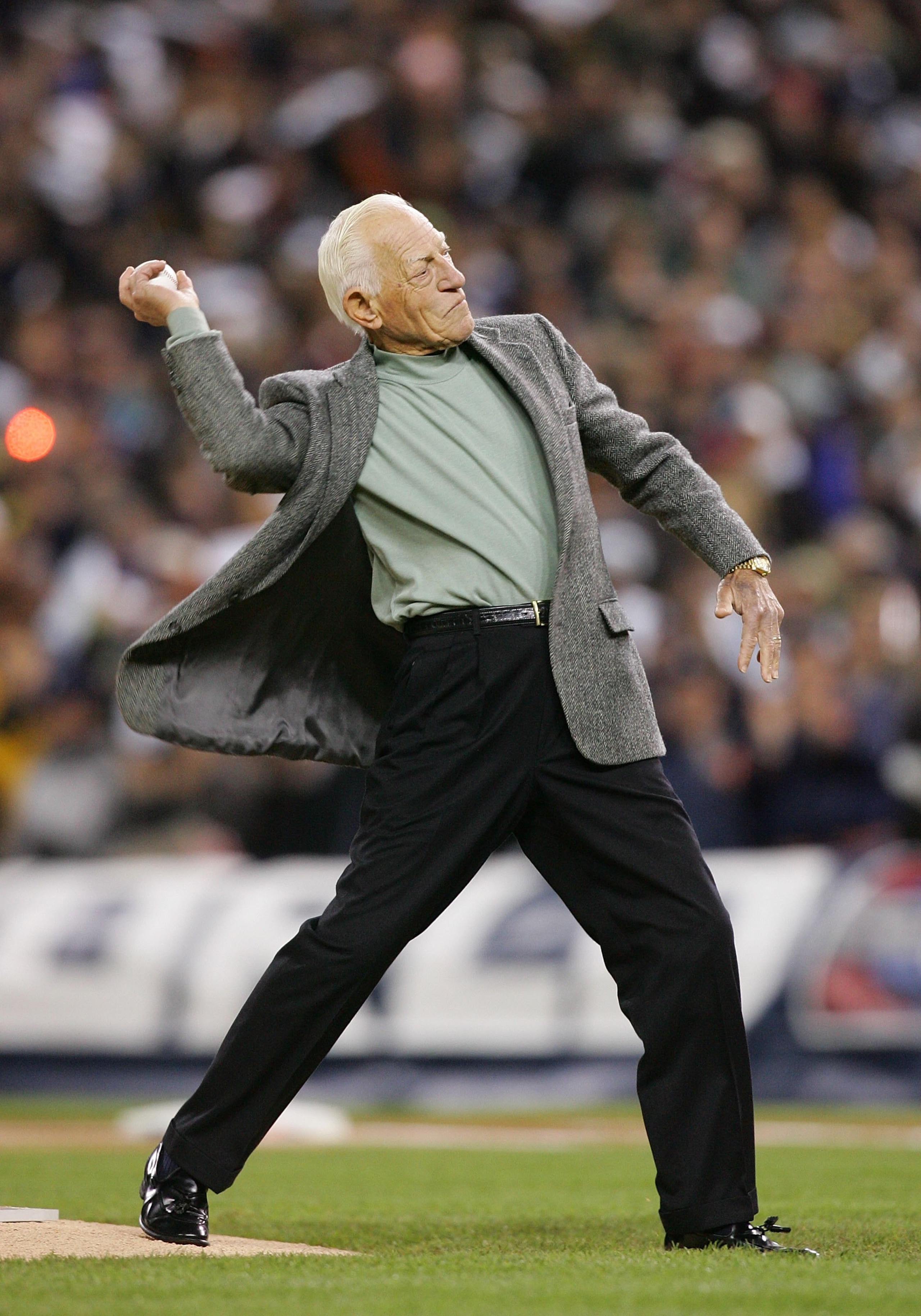 DETROIT - OCTOBER 22:  Former manager of the Detroit Tigers Sparky Anderson throws out the first pitch before the Tigers take on the St. Louis Cardinals during Game Two of 2006 World Series October 22, 2006 at Comerica Park in Detroit, Michigan.   (Photo 