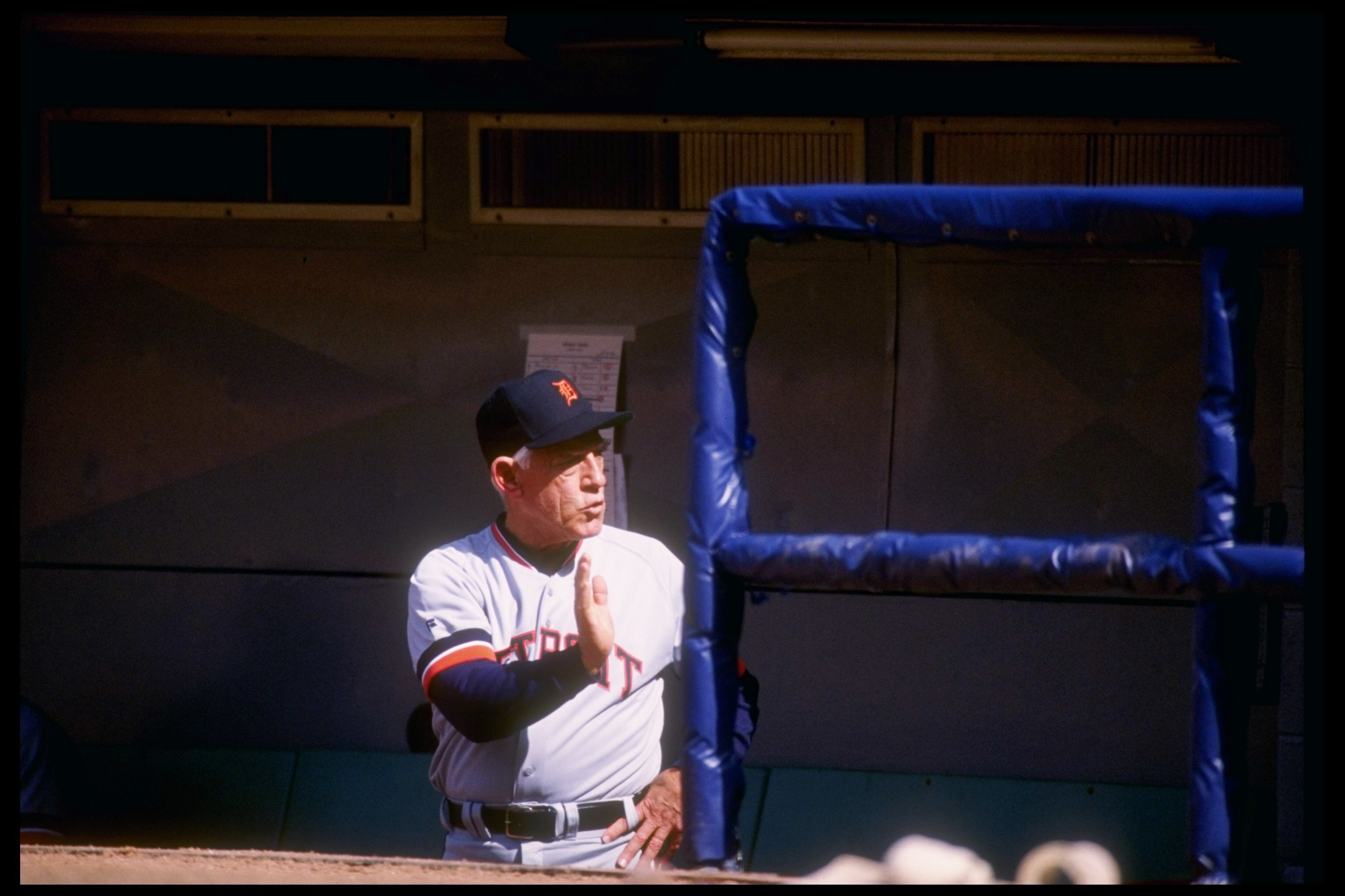 13 May 1992: Manager Sparky Anderson of the Detroit Tigers looks on during a game against the California Angels at Anaheim Stadium in Anaheim, California.