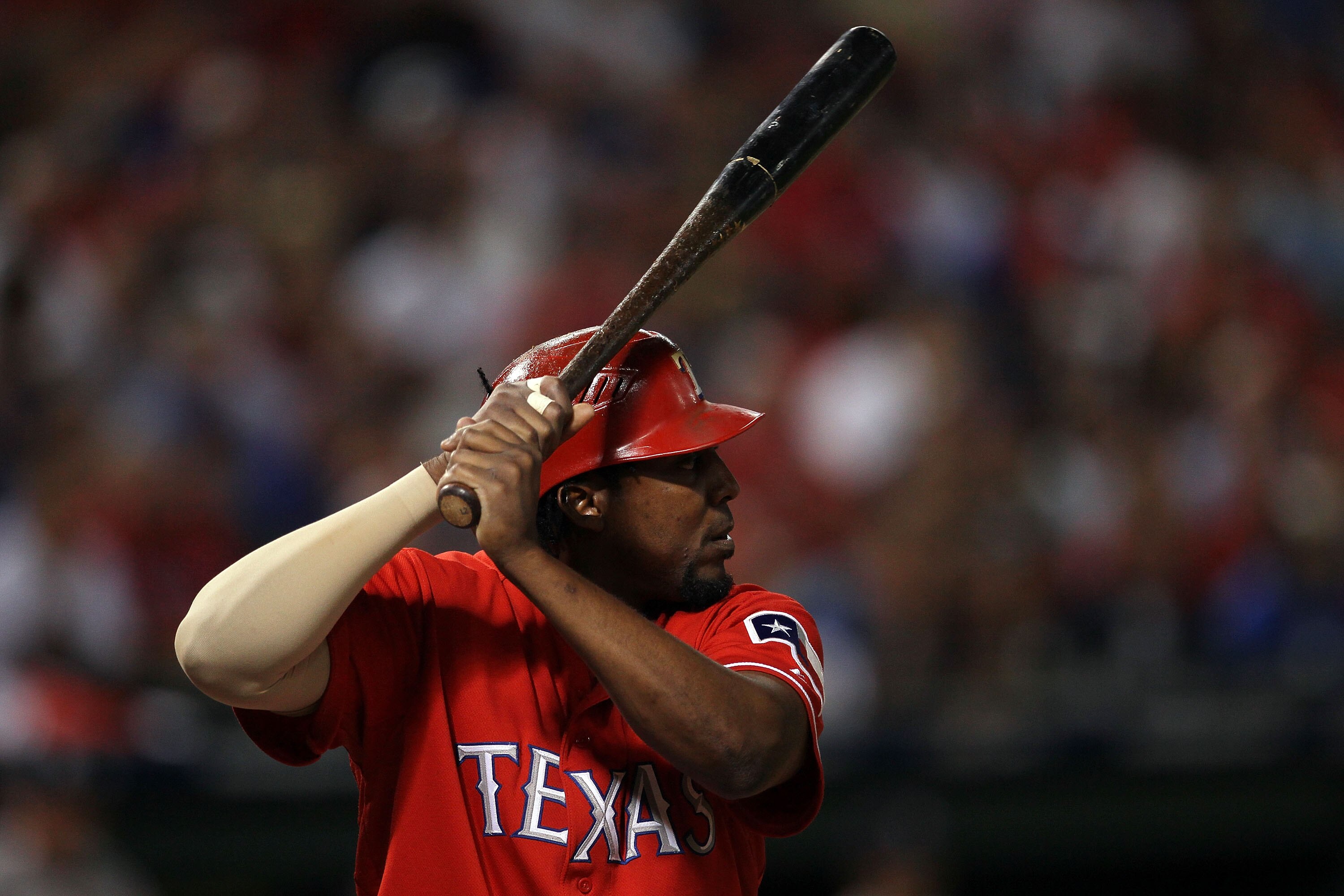 ARLINGTON, TX - OCTOBER 15:  Vladimir Guerrero #27 of the Texas Rangers bats against the New York Yankees in Game One of the ALCS during the 2010 MLB Playoffs at Rangers Ballpark in Arlington on October 15, 2010 in Arlington, Texas.  (Photo by Stephen Dun