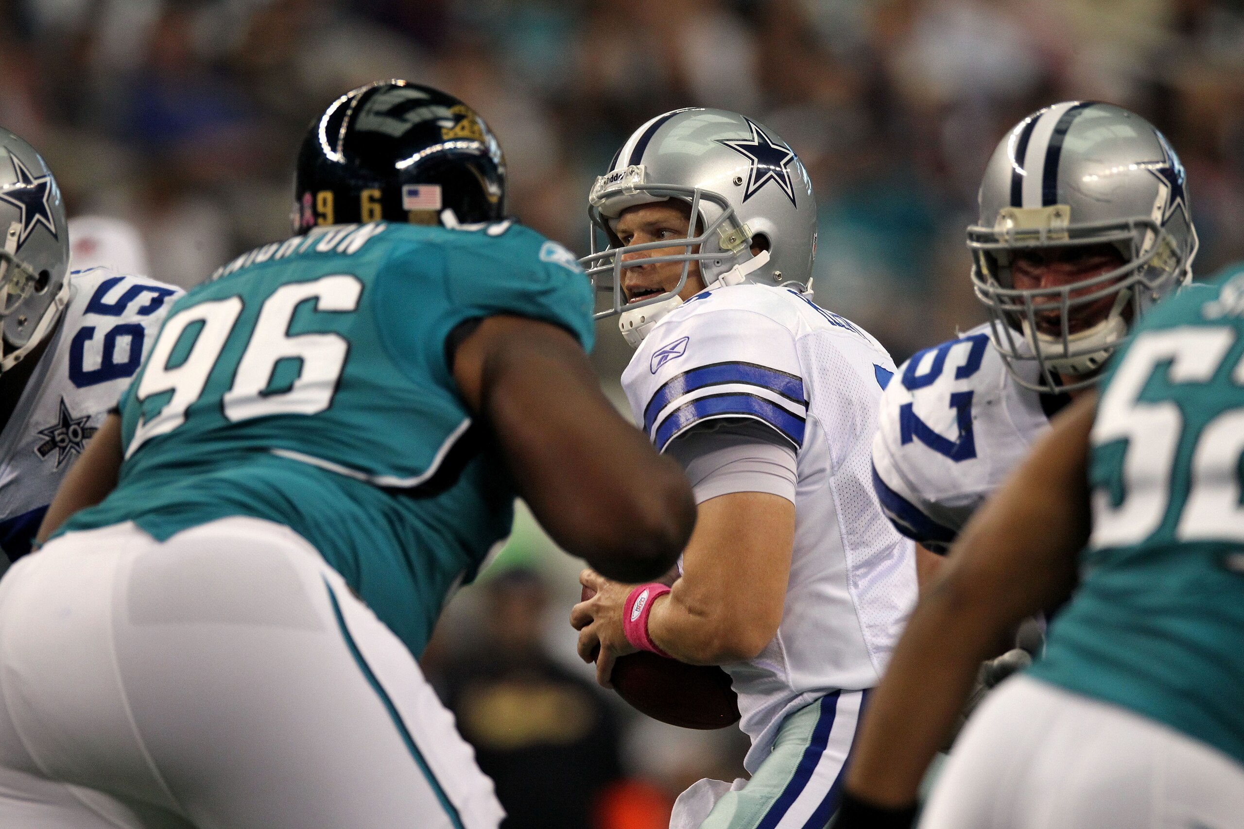 ARLINGTON, TX - OCTOBER 31: Quarterback Jon Kitna #3 of the Dallas Cowboys drops back to pass against the Jacksonville Jaguars at Cowboys Stadium on October 31, 2010 in Arlington, Texas. (Photo by Ronald Martinez/Getty Images) ARLINGTON, TX - OCTOBER 31: Quarterback Jon Kitna #3 of the Dallas Cowboys drops back to pass against the Jacksonville Jaguars at Cowboys Stadium on October 31, 2010 in Arlington, Texas. (Photo by Ronald Martinez/Getty Images)