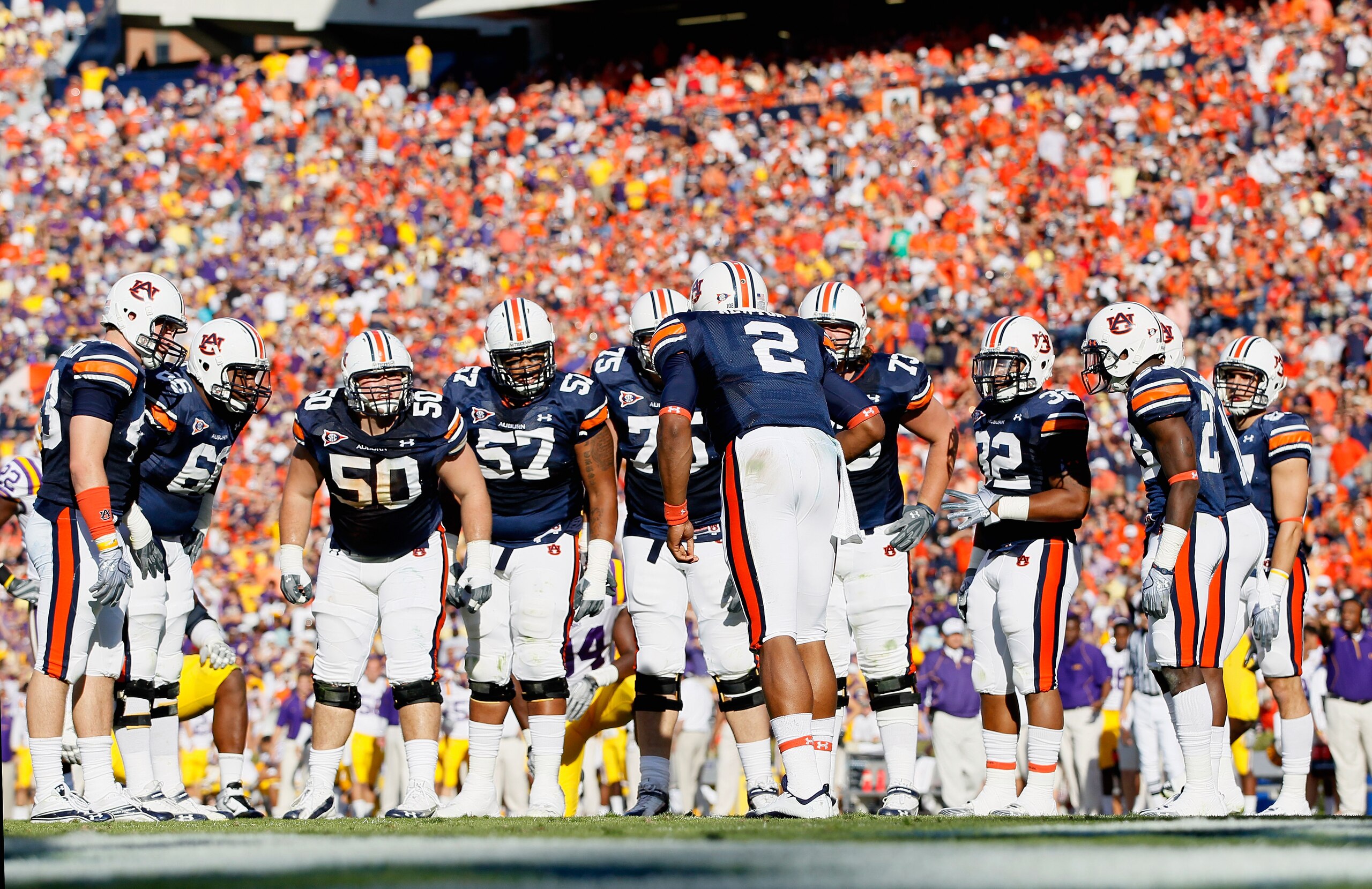 AUBURN, AL - OCTOBER 23:  Quarterback Cameron Newton #2 of the Auburn Tigers huddles the offense against the LSU Tigers at Jordan-Hare Stadium on October 23, 2010 in Auburn, Alabama.  (Photo by Kevin C. Cox/Getty Images)