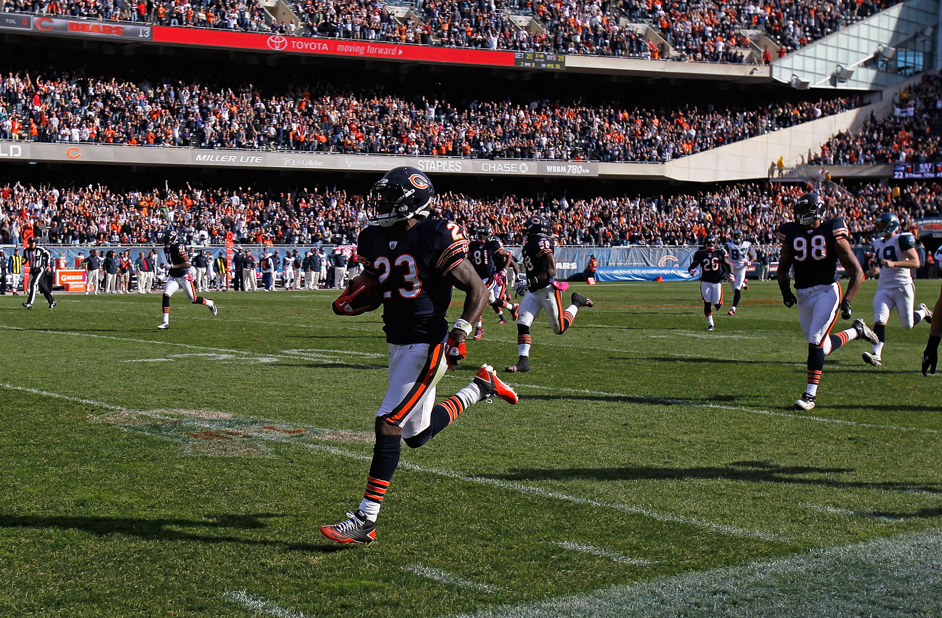 CHICAGO - OCTOBER 17: Devin Hester #23 of the Chicago Bears returns a punt 89 years for a touchdown in the 4th quarter against the Seattle Seahawks at Soldier Field on October 17, 2010 in Chicago, Illinois. The Seahawks defeated the Bears 23-20. (Photo by