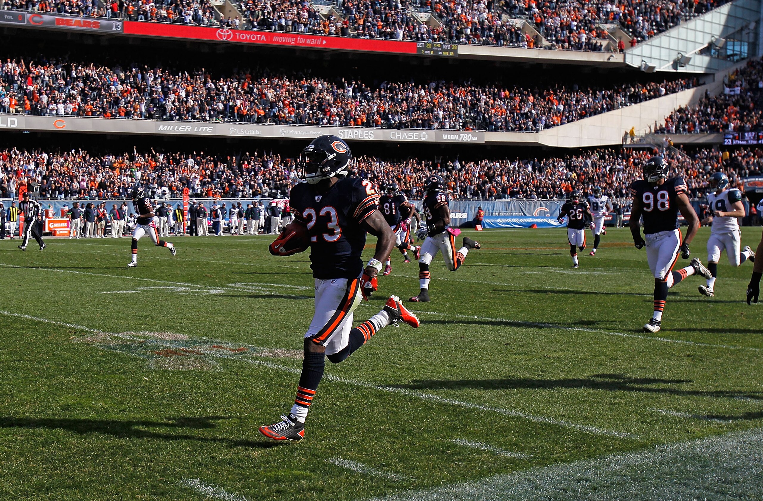 CHICAGO - OCTOBER 17: Devin Hester #23 of the Chicago Bears returns a punt 89 years for a touchdown in the 4th quarter against the Seattle Seahawks at Soldier Field on October 17, 2010 in Chicago, Illinois. The Seahawks defeated the Bears 23-20. (Photo by