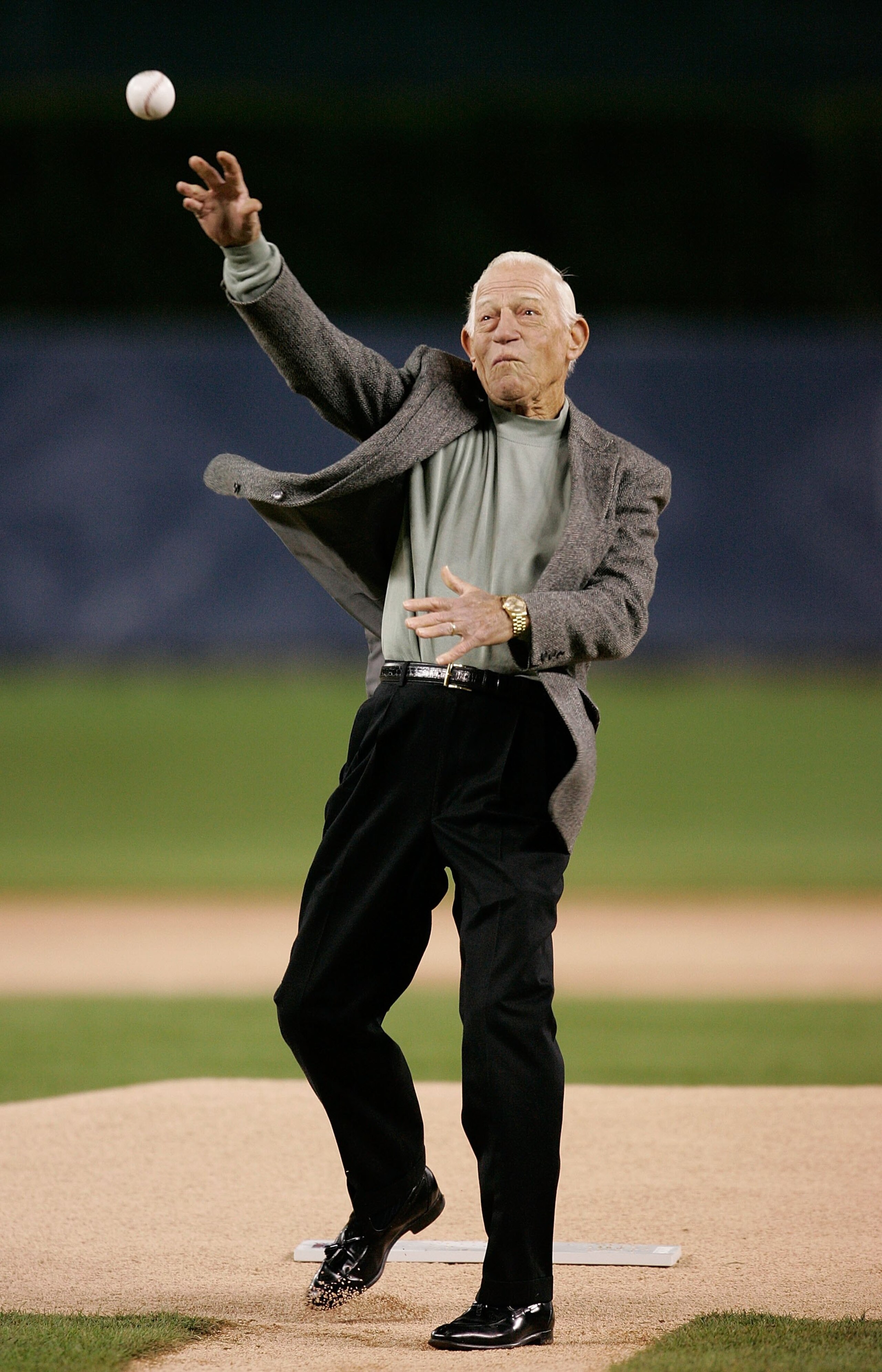 DETROIT - OCTOBER 22:  Former manager of the Detroit Tigers Sparky Anderson throws out the first pitch before the Tigers take on the St. Louis Cardinals during Game Two of 2006 World Series October 22, 2006 at Comerica Park in Detroit, Michigan.  (Photo b