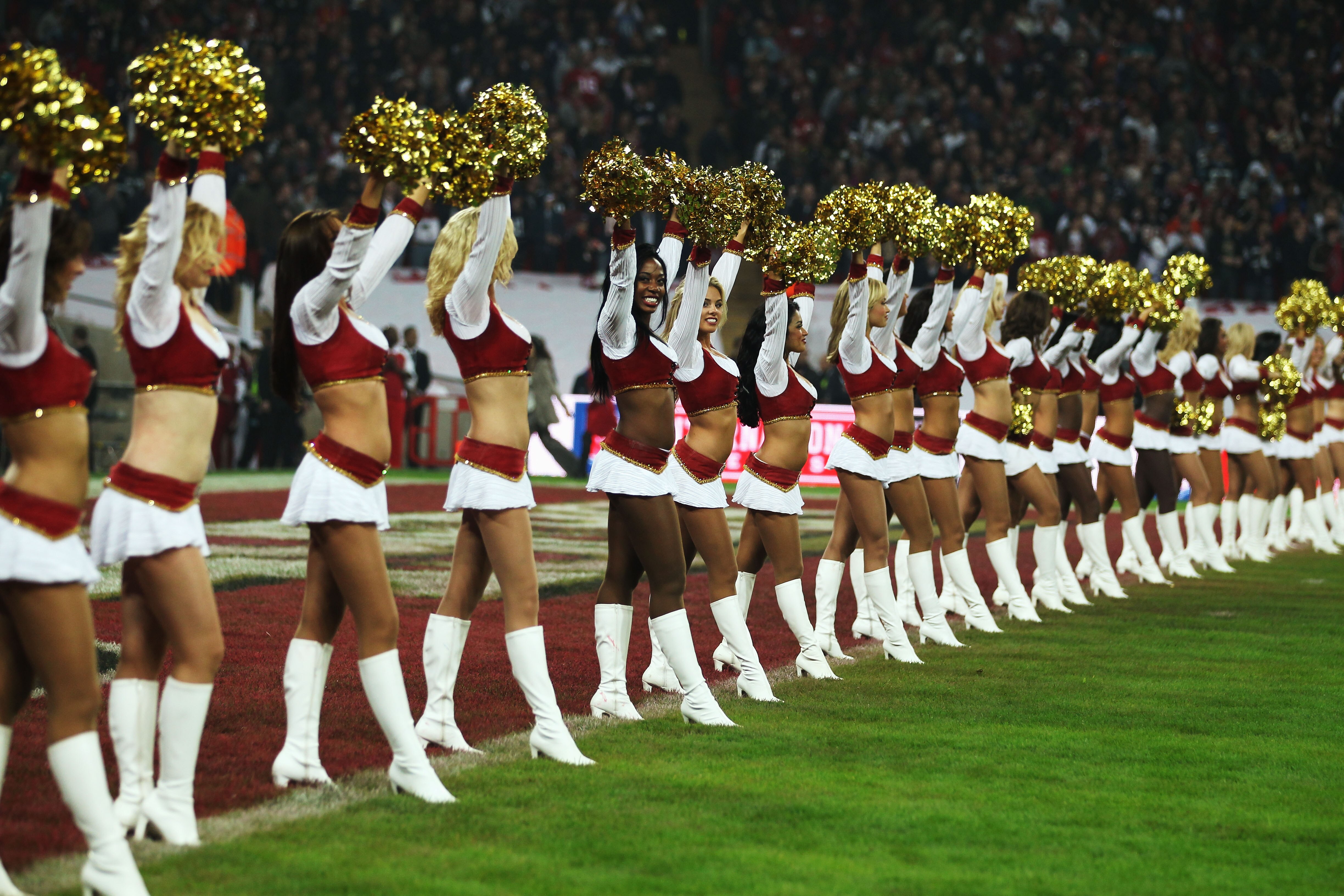 LONDON, ENGLAND - OCTOBER 31:  San Francisco 49ers cheerleaders entertain the crowd prior to the NFL International Series match between Denver Broncos and San Francisco 49ers at Wembley Stadium on October 31, 2010 in London, England. This is the fourth oc