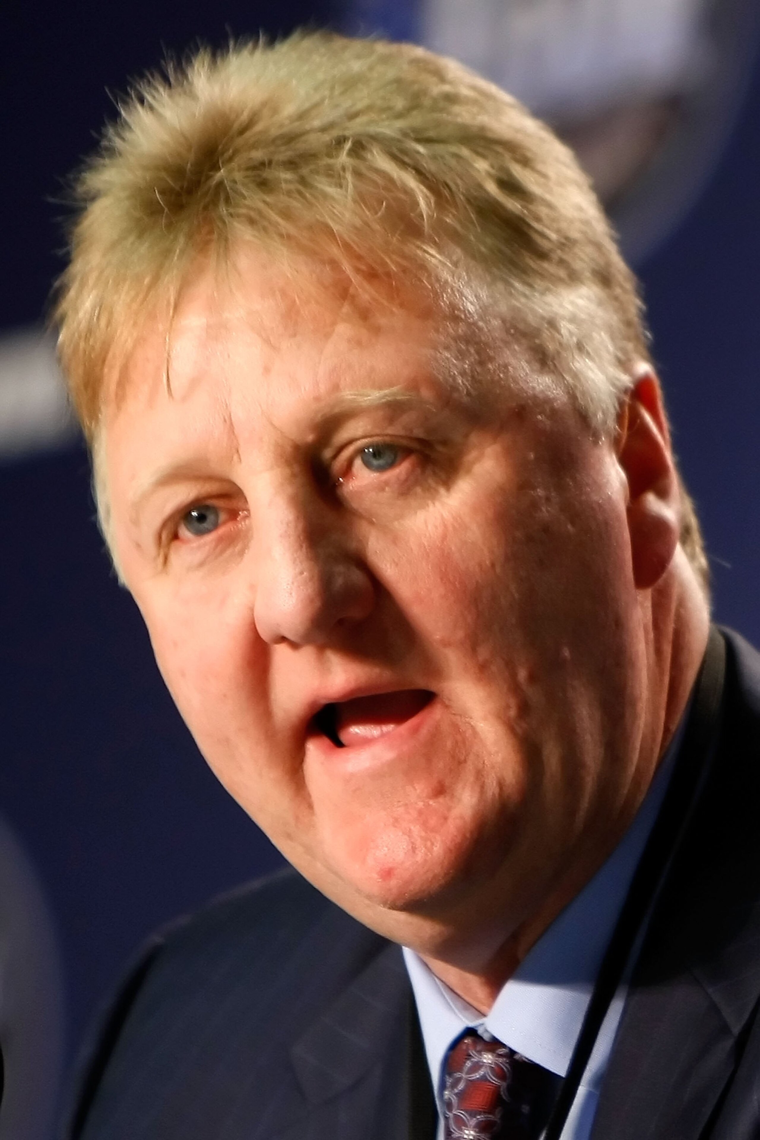 DETROIT - APRIL 06:  Larry Bird answers questions with Earvin 'Magic' Johnson (not pictured) during a news conference to relive their 1979 NCAA Championship Game between Indiana State and Michigan State before the 2009 NCAA Division I Men's Basketball Nat