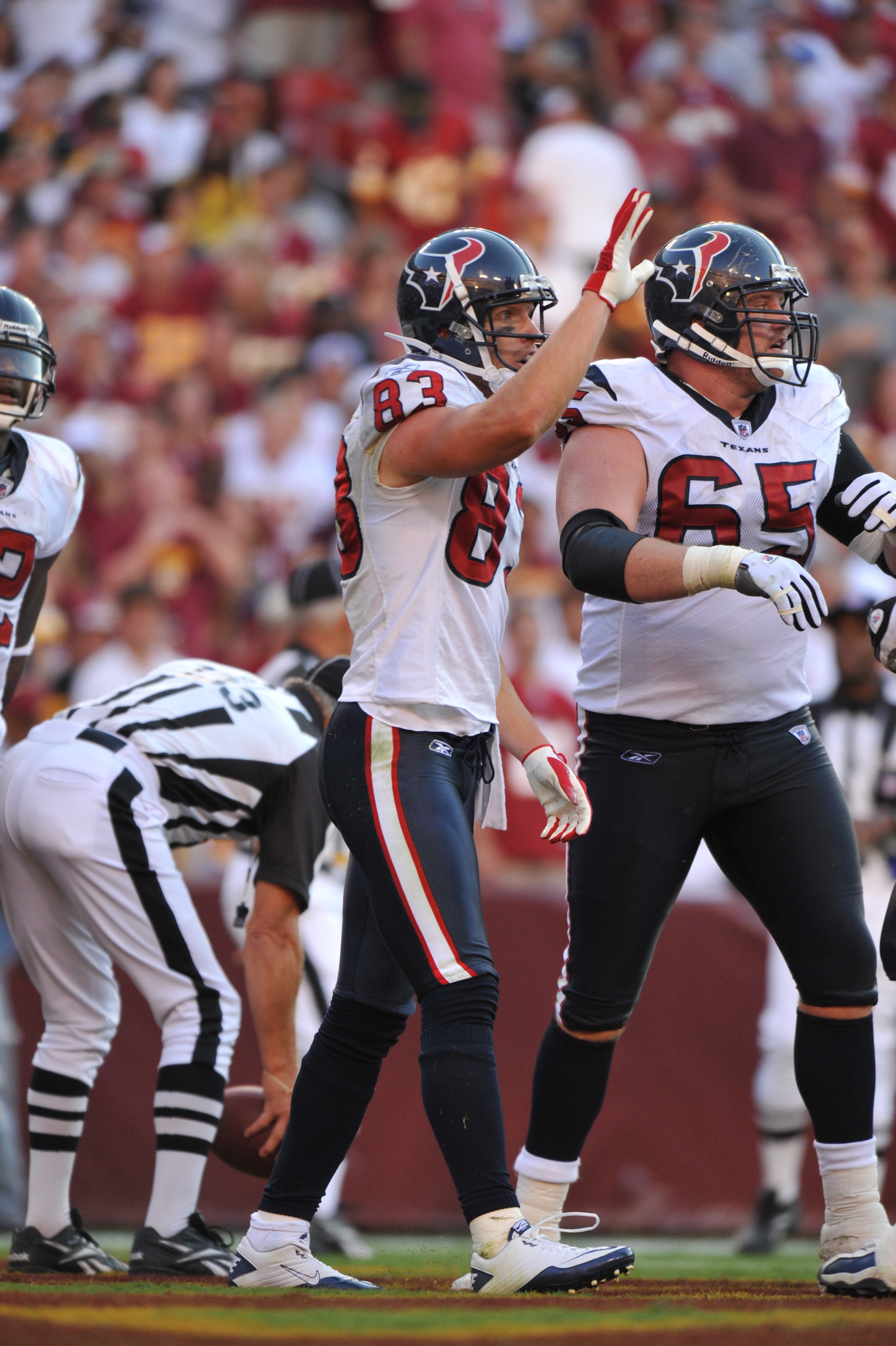 LANDOVER - SEPTEMBER 19:  Kevin Walter #83 of the Houston Texans celebrates his touchdown against the Washington Redskins at FedExField on September 19, 2010 in Landover, Maryland. The Texans defeated the Redskins in overtime 30-27. (Photo by Larry French
