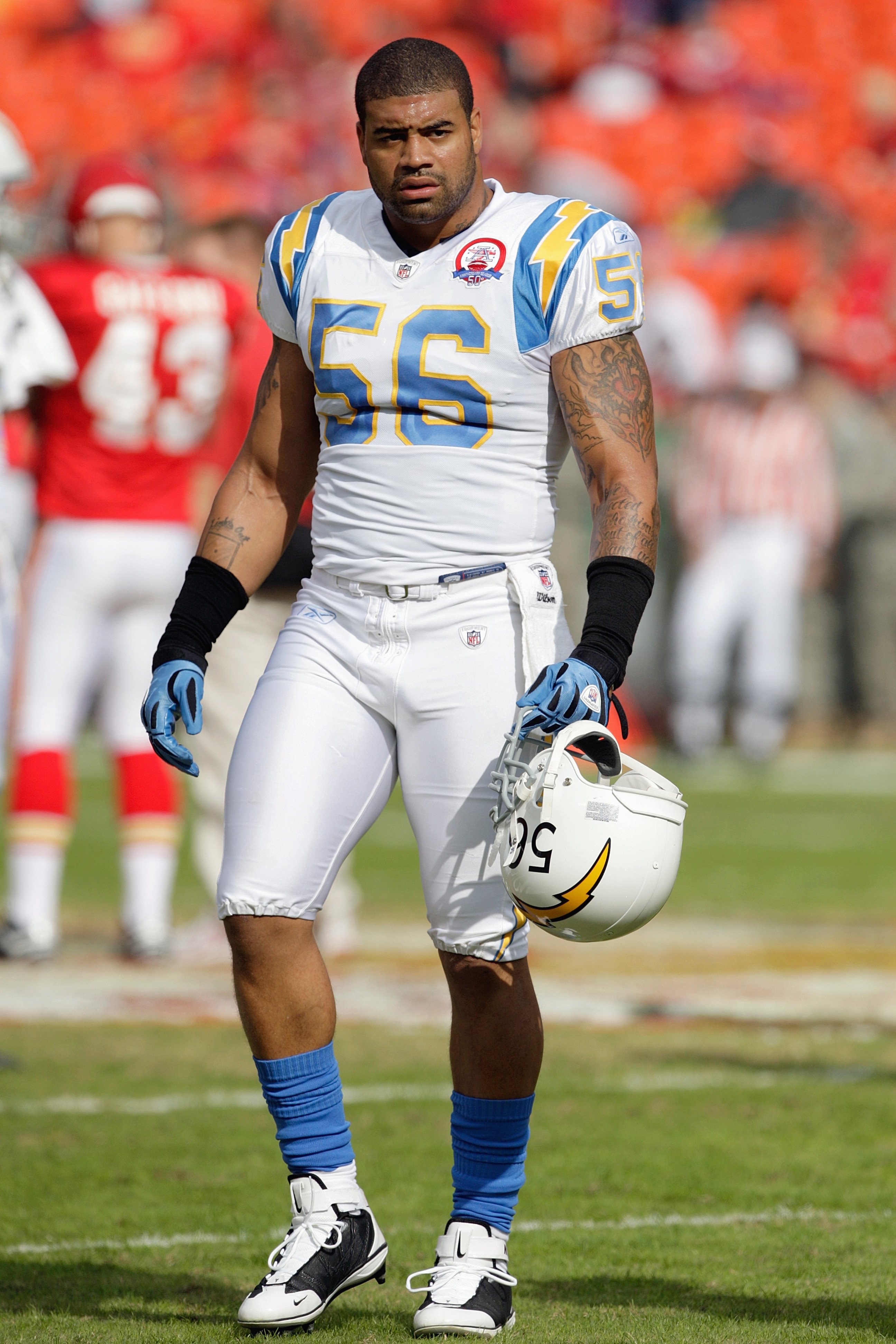KANSAS CITY, MO - OCTOBER 25: Shawne Merriman #56 of the San Diego Chargers watches the warm ups before the game against the Kansas City Chiefs on October 25, 2009 at Arrowhead Stadium in Kansas City, Missouri. (Photo by Jamie Squire/Getty Images)