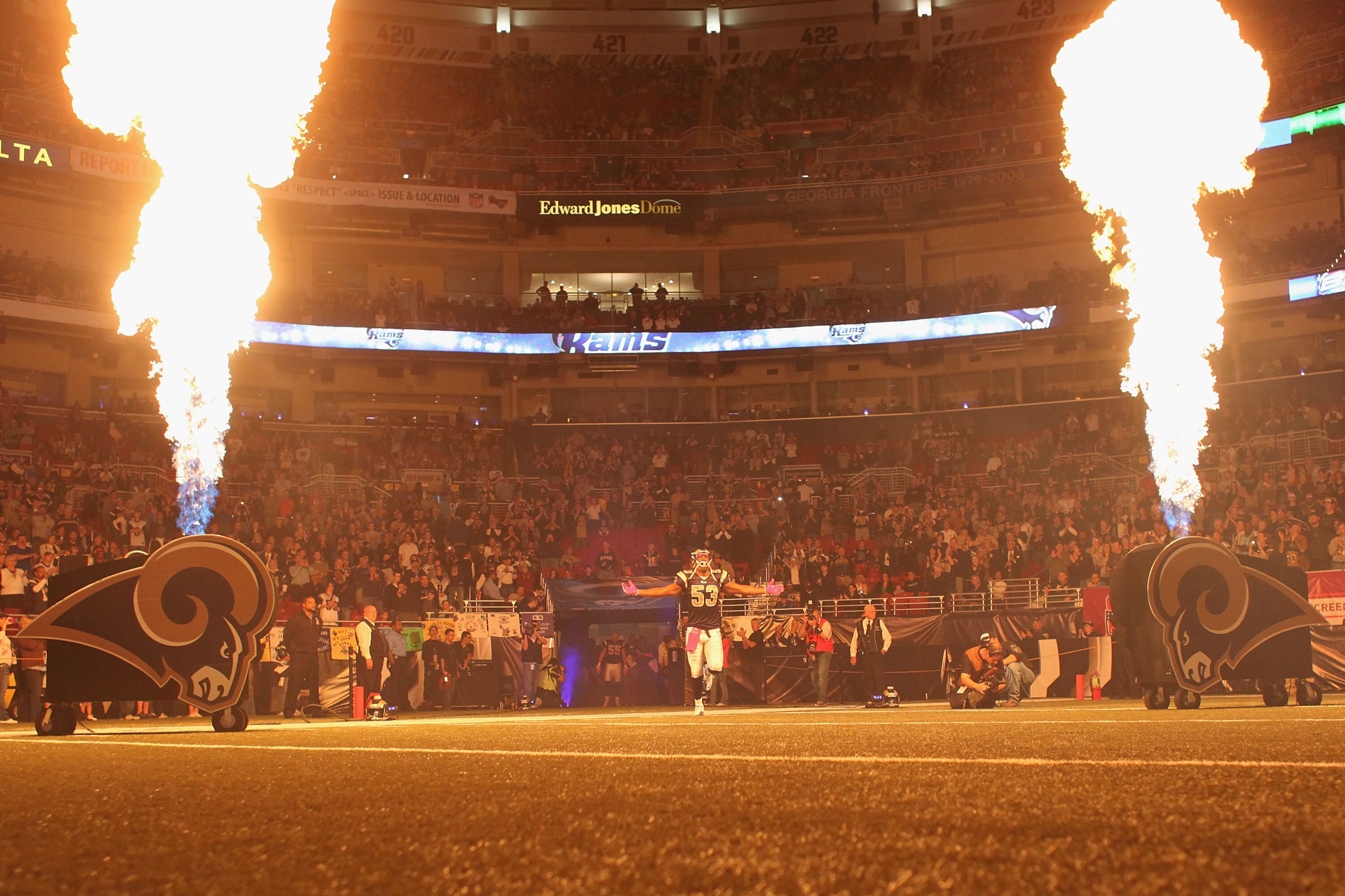 ST. LOUIS - OCTOBER 3: Na'il Diggs #53 of the St. Louis Rams is takes the field prior to playing against the Seattle Seahawks at the Edward Jones Dome on October 3, 2010 in St. Louis, Missouri.  The Rams beat the Seahawks 20-3.  (Photo by Dilip Vishwanat/