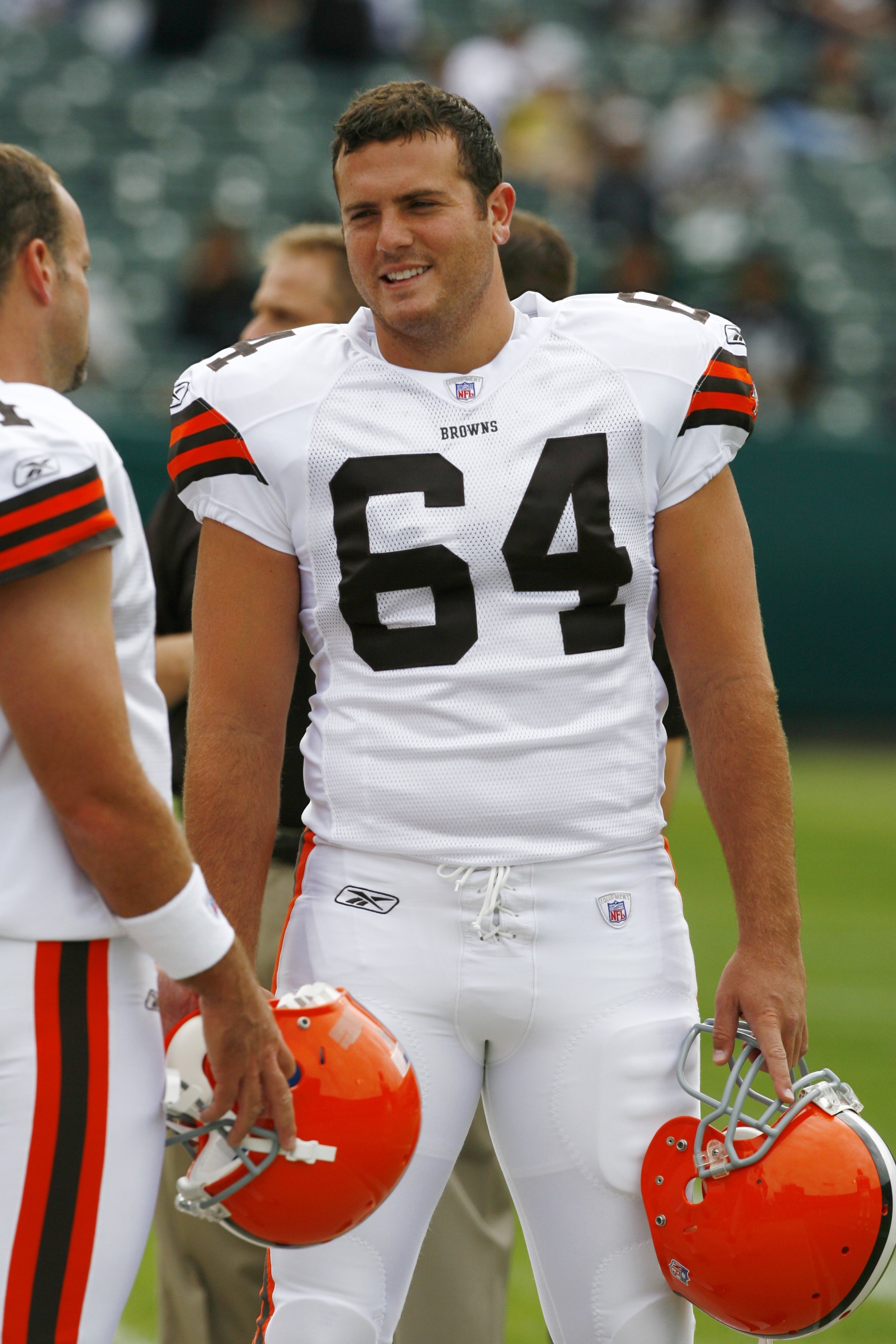 OAKLAND, CA - SEPTEMBER 23:  Long-snapper Ryan Pontbriand #64 of the Cleveland Browns smiles while talking to a teammate prior to a 26-24 loss to the Oakland Raiders at McAfee Coliseum on September 23, 2007 in Oakand, California.  (Photo by Kevin Terrell/