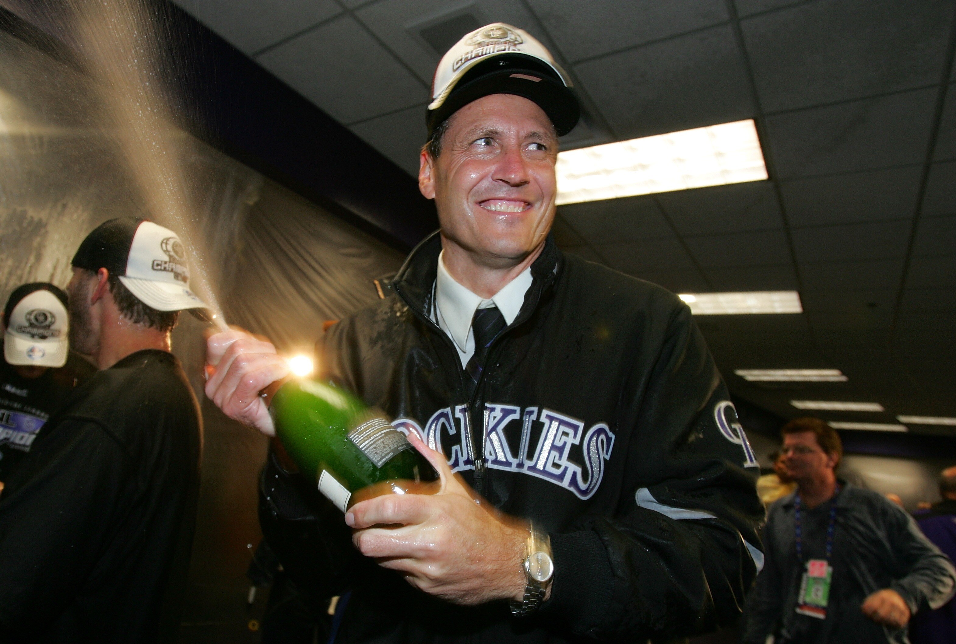 DENVER - OCTOBER 15:  Team President of the Colorado Rockies, Keli McGregor celebrates in the locker room after the Rockies 6-4 win against the Arizona Diamondbacks during Game Four of the National League Championship Series at Coors Field on October 15,