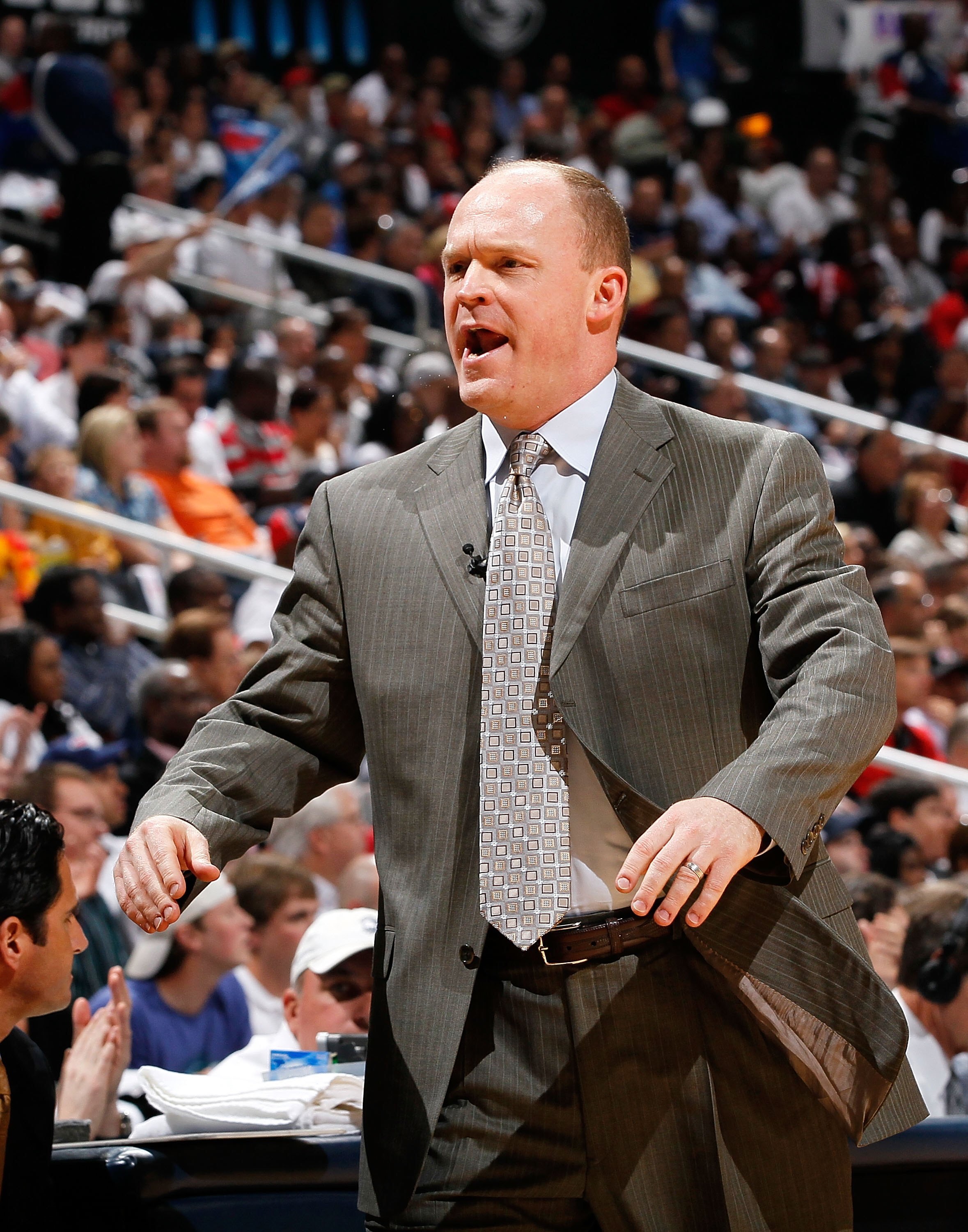 ATLANTA - APRIL 28:  Head coach Scott Skiles of the Milwaukee Bucks against the Atlanta Hawks during Game Five of the Eastern Conference Quarterfinals of the 2010 NBA Playoffs at Philips Arena on April 28, 2010 in Atlanta, Georgia.  NOTE TO USER: User exp