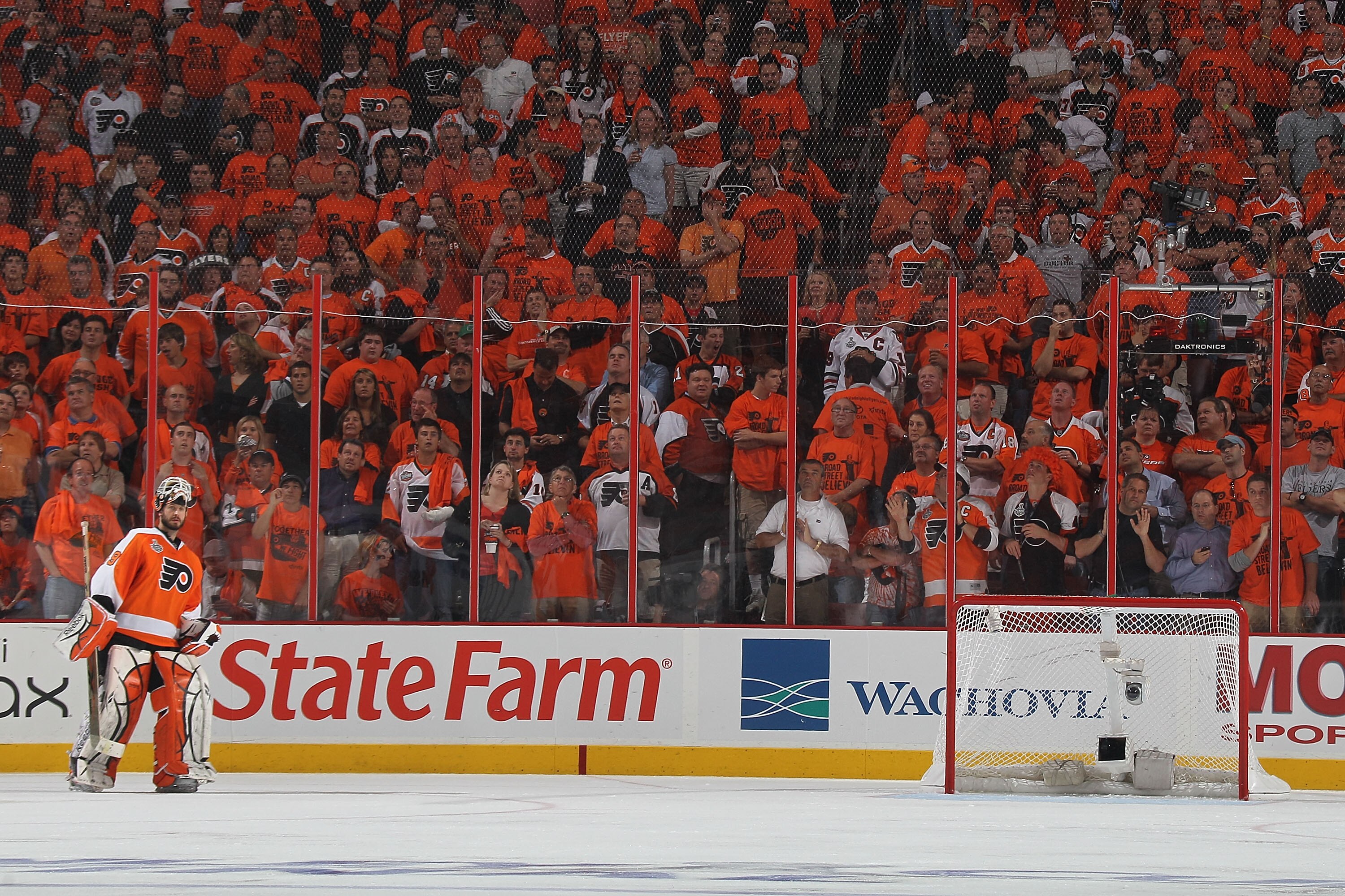 PHILADELPHIA - JUNE 02:  Michael Leighton #49 of the Philadelphia Flyers looks on against the Chicago Blackhawks in Game Three of the 2010 NHL Stanley Cup Final at Wachovia Center on June 2, 2010 in Philadelphia, Pennsylvania.  (Photo by Bruce Bennett/Get