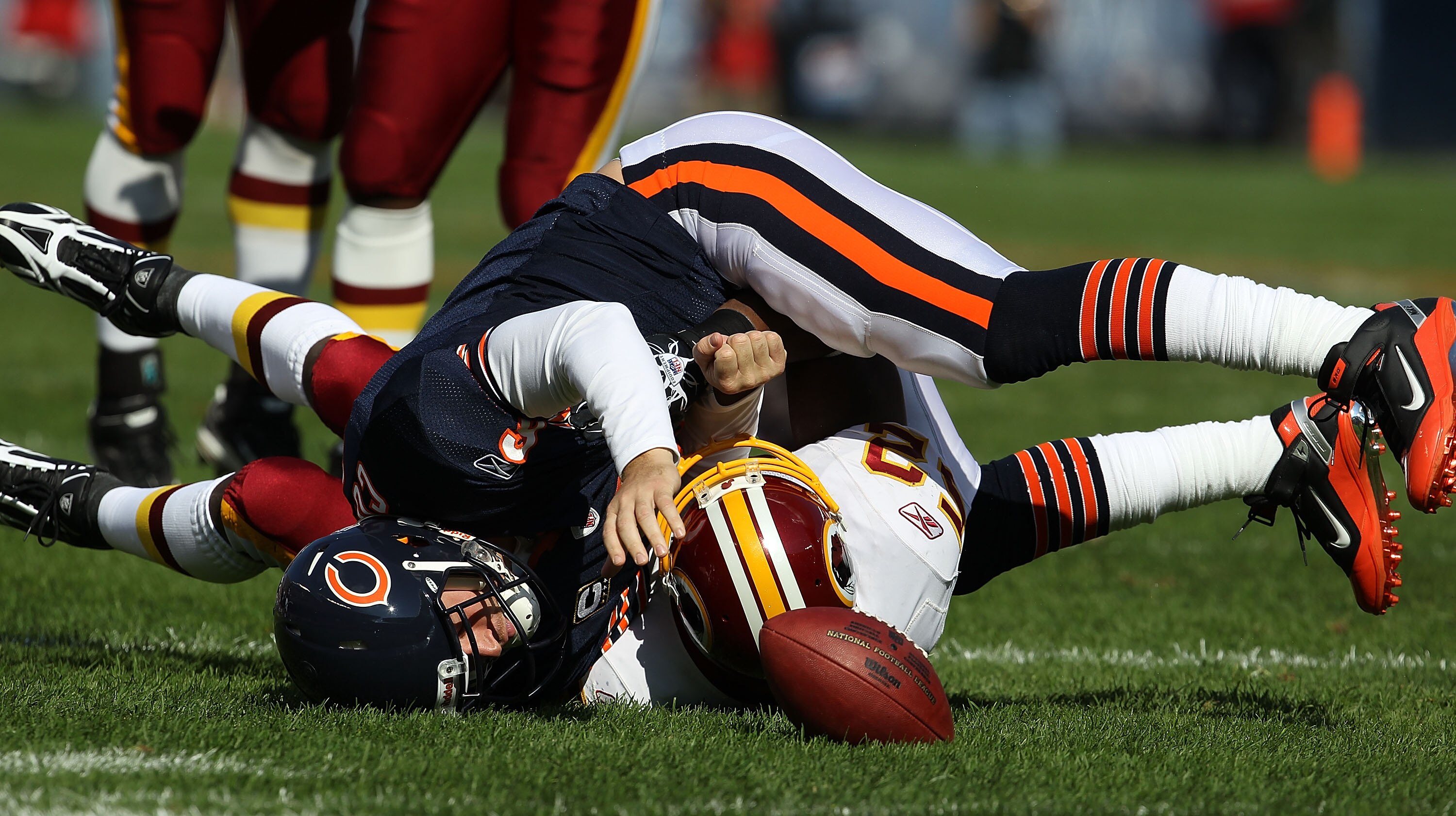 CHICAGO - OCTOBER 24: Jay Cutler #6 of the Chicago Bears is sacked by Rocky McIntosh #52 of the Washington Redskins at Soldier Field on October 24, 2010 in Chicago, Illinois. The Redskins defeated the Bears 17-14. (Photo by Jonathan Daniel/Getty Images)