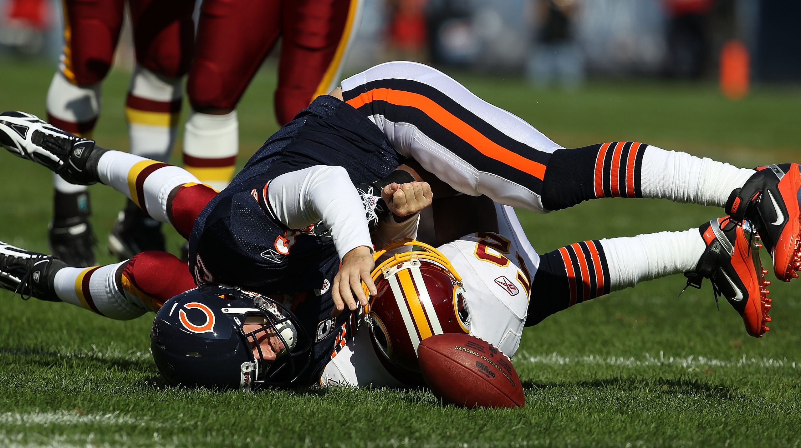 CHICAGO - OCTOBER 24: Jay Cutler #6 of the Chicago Bears is sacked by Rocky McIntosh #52 of the Washington Redskins at Soldier Field on October 24, 2010 in Chicago, Illinois. The Redskins defeated the Bears 17-14. (Photo by Jonathan Daniel/Getty Images)
