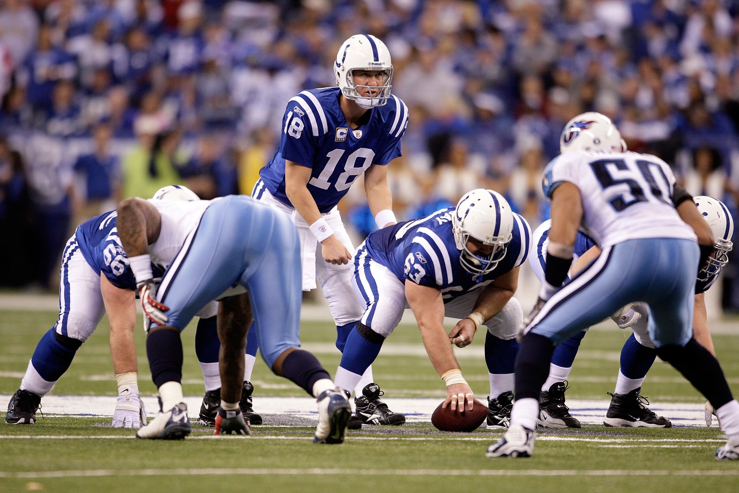 INDIANAPOLIS - DECEMBER 06:  Peyton Manning #18 of the Indianapolis Colts stands under center during the NFL game against the Tennessee Titans at Lucas Oil Stadium on December 6, 2009 in Indianapolis, Indiana.  (Photo by Andy Lyons/Getty Images)