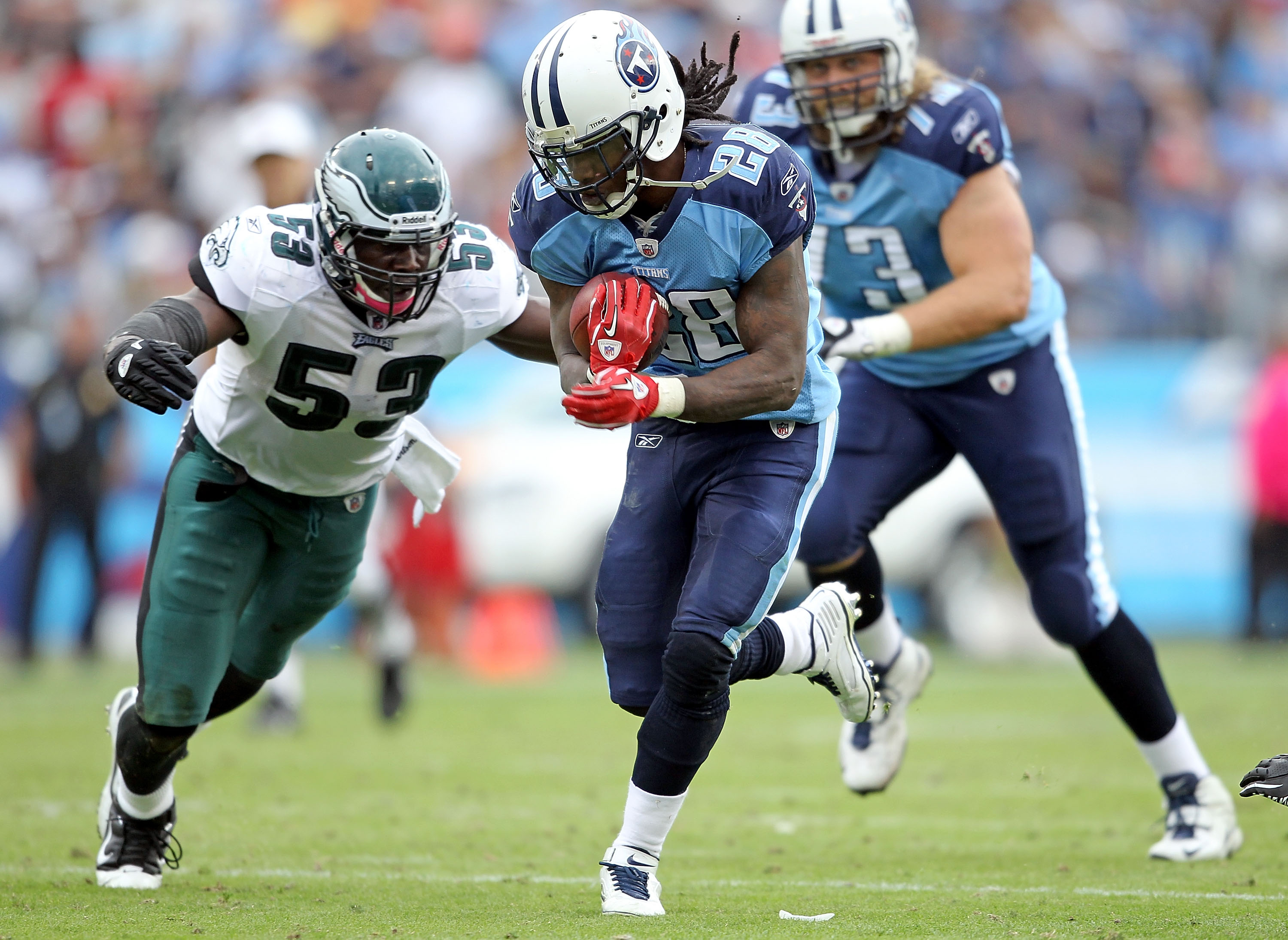 NASHVILLE, TN - OCTOBER 24:  Chris Johnson #28 of the Tennessee Titans runs with the ball during the NFL game against the Philadelphia Eagles at LP Field on October 24, 2010 in Nashville, Tennessee. The Titans won 37-19.  (Photo by Andy Lyons/Getty Images