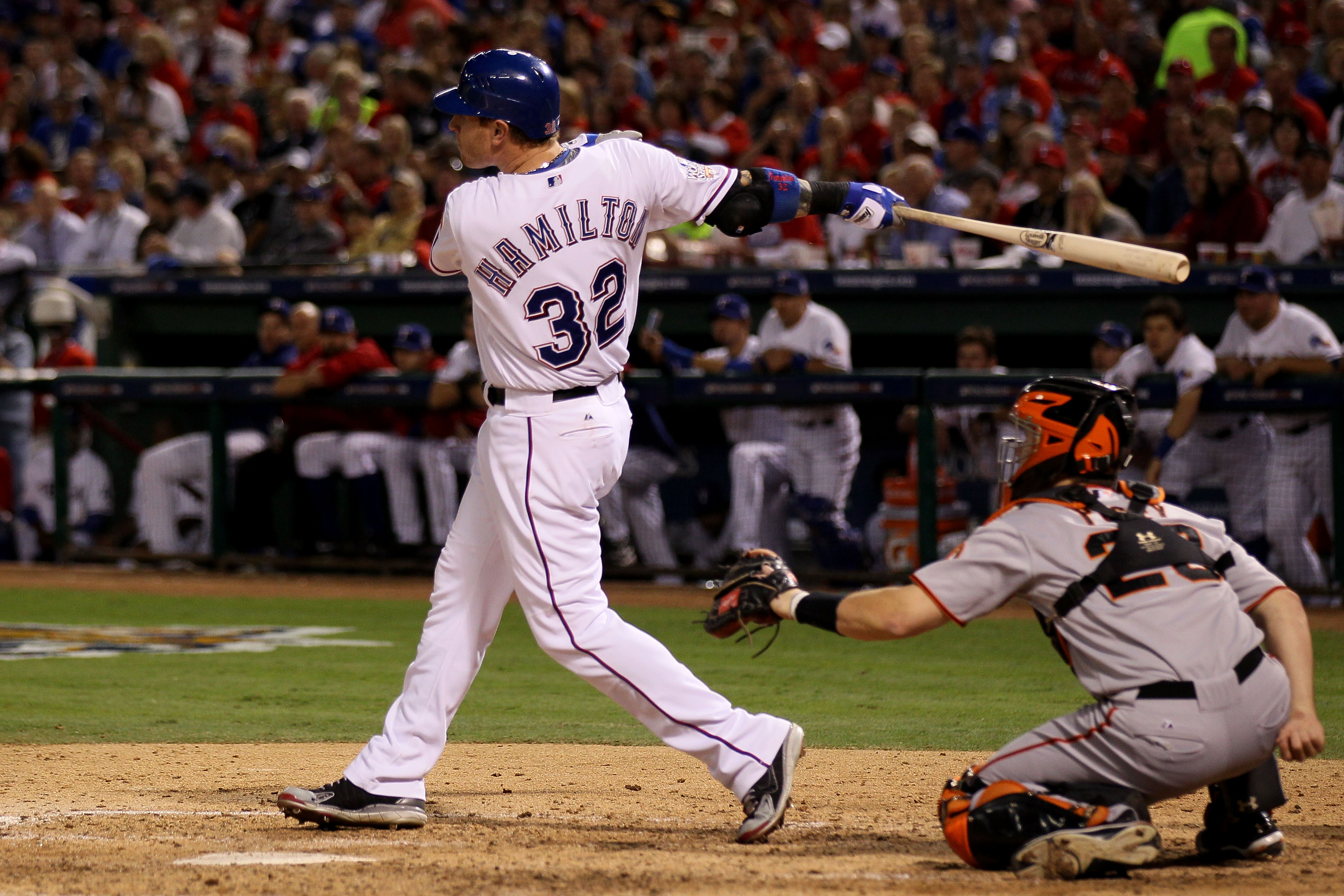 ARLINGTON, TX - OCTOBER 30:  Josh Hamilton #32 of the Texas Rangers hits a solo home run in the bottom of the fifth inning against the San Francisco Giants in Game Three of the 2010 MLB World Series at Rangers Ballpark in Arlington on October 30, 2010 in