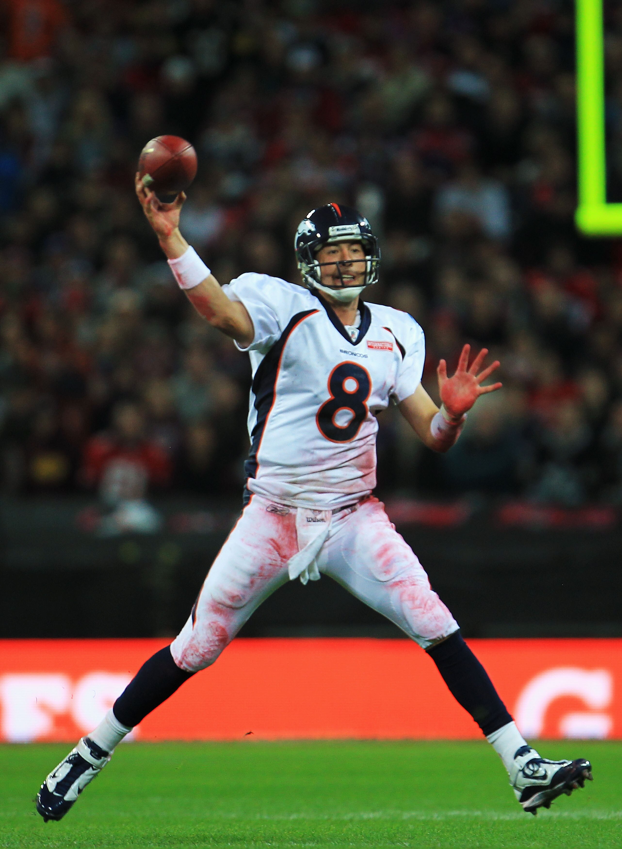 LONDON, ENGLAND - OCTOBER 31:  Kyle Orton #8 of Denver Broncos releases the ball during the NFL International Series match between Denver Broncos and San Francisco 49ers at Wembley Stadium on October 31, 2010 in London, England. This is the fourth occasio