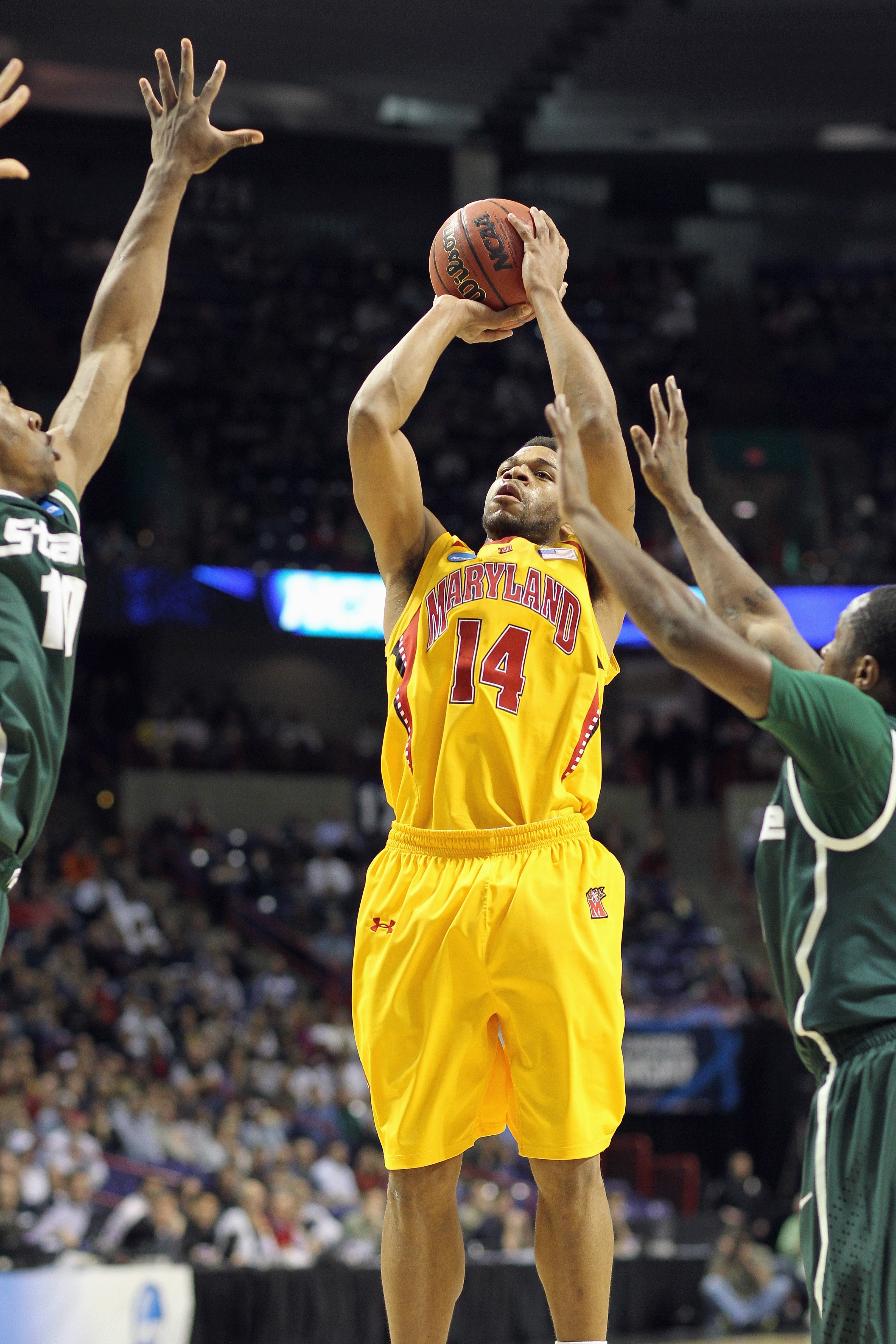 SPOKANE, WA - MARCH 21:  Sean Mosley #14 of the Maryland Terrapins takes a shot against the Michigan State Spartans during the second round of the 2010 NCAA men's basketball tournament at the Spokane Arena on March 21, 2010 in Spokane, Washington. (Photo