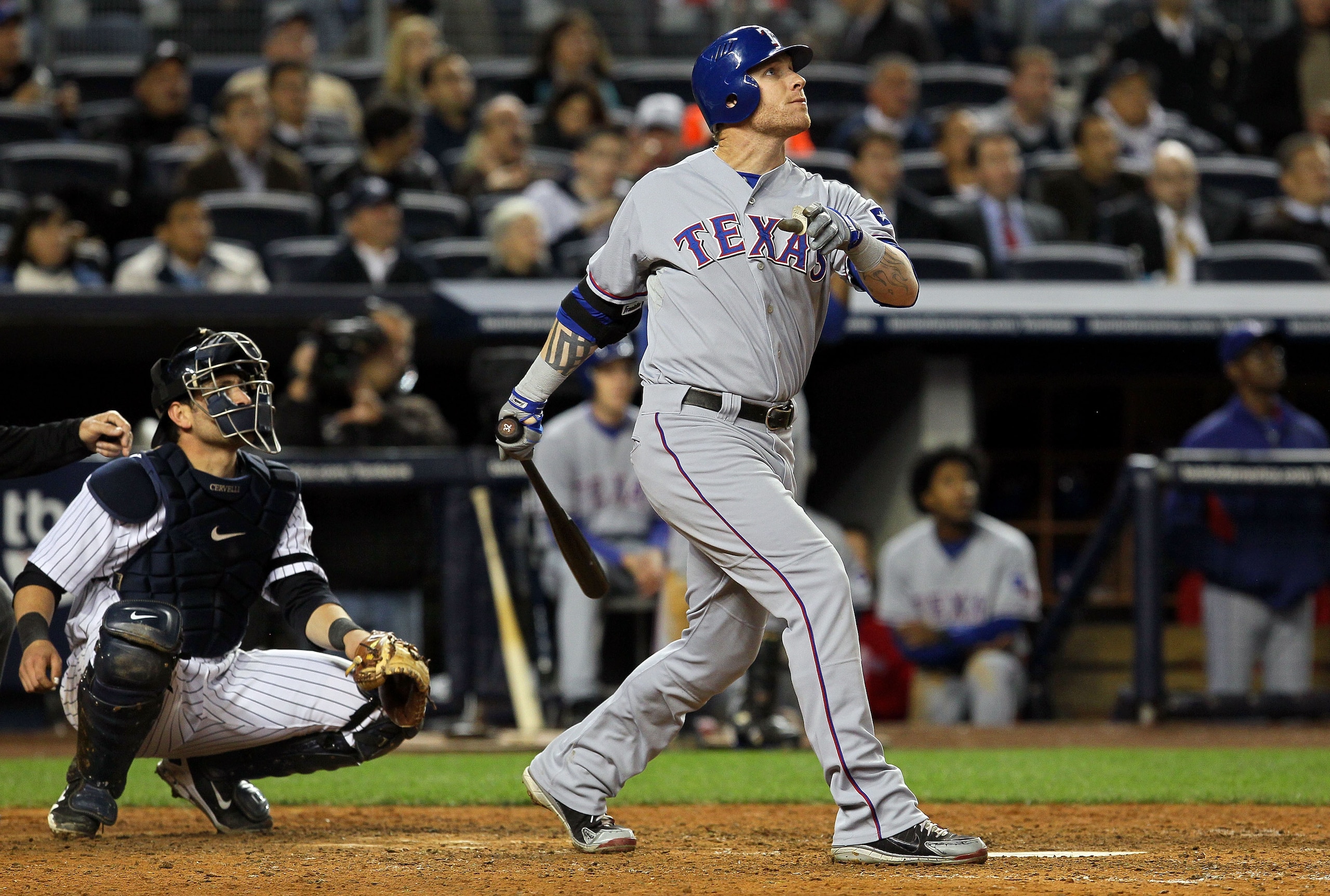 NEW YORK - OCTOBER 19: Josh Hamilton #32 of the Texas Rangers hits a solo home run in the top of the seventh inning against the New York Yankees in Game Four of the ALCS during the 2010 MLB Playoffs at Yankee Stadium on October 19, 2010 in the Bronx boro NEW YORK - OCTOBER 19: Josh Hamilton #32 of the Texas Rangers hits a solo home run in the top of the seventh inning against the New York Yankees in Game Four of the ALCS during the 2010 MLB Playoffs at Yankee Stadium on October 19, 2010 in the Bronx boro