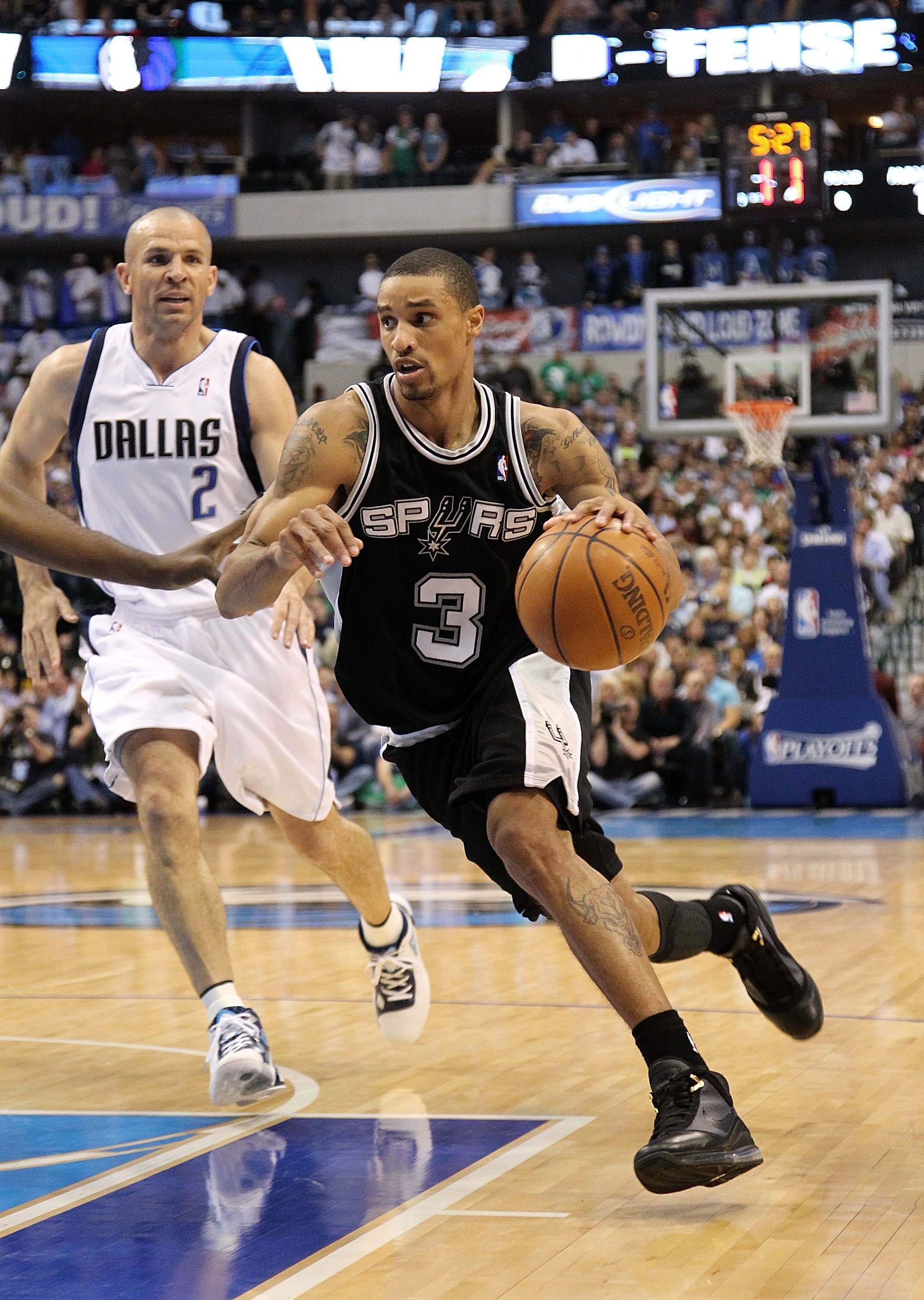DALLAS - APRIL 27:  George Hill #3 of the San Antonio Spurs in Game Five of the Western Conference Quarterfinals during the 2010 NBA Playoffs at American Airlines Center on April 27, 2010 in Dallas, Texas. NOTE TO USER: User expressly acknowledges and agr