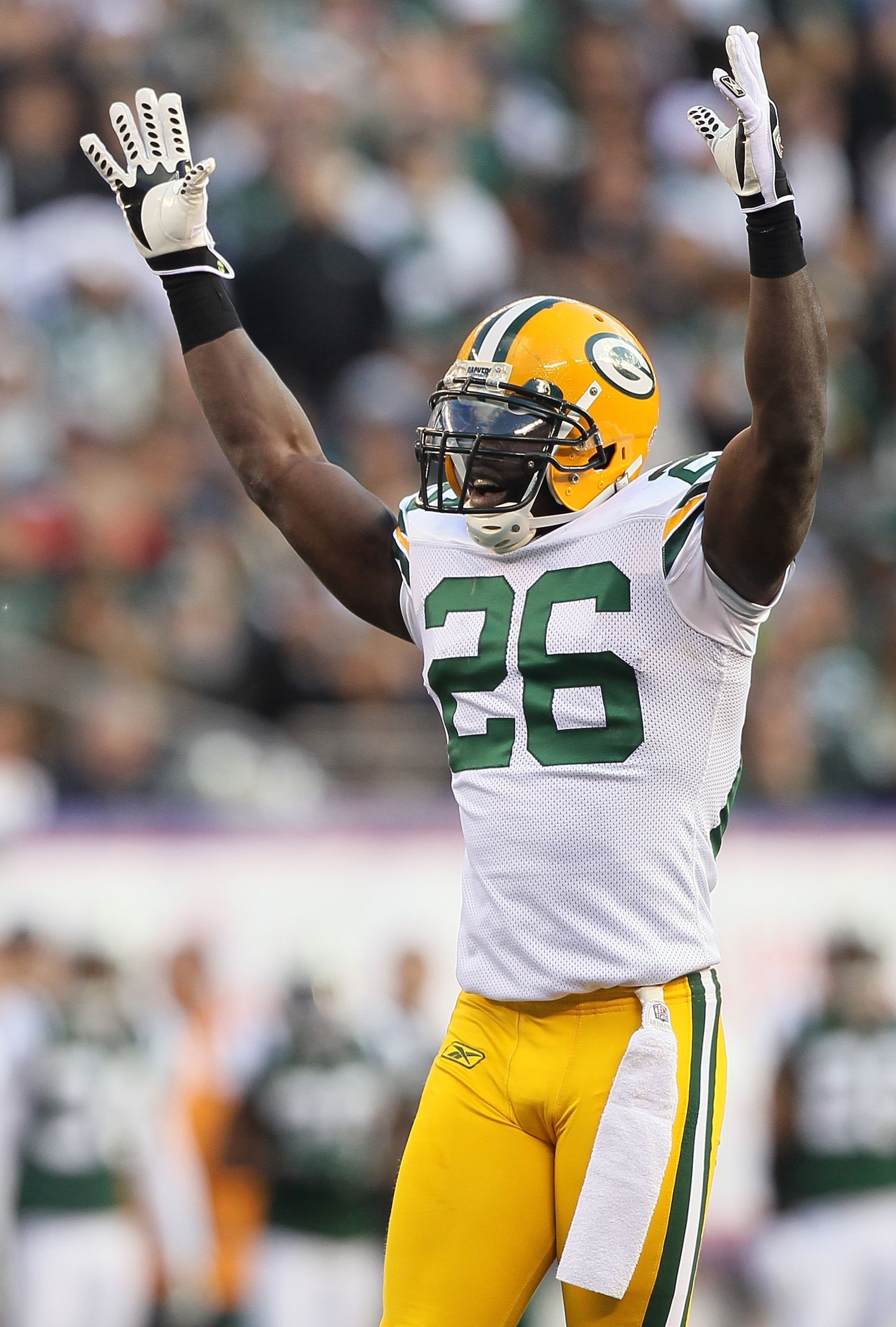 EAST RUTHERFORD, NJ - OCTOBER 31: Charlie Peprah #26 of the Green Bay Packers in action against the New York Jets on October 31, 2010 at the New Meadowlands Stadium in East Rutherford, New Jersey.The Packers defeated the Jets 9-0. (Photo by Jim McIsaac/ EAST RUTHERFORD, NJ - OCTOBER 31: Charlie Peprah #26 of the Green Bay Packers in action against the New York Jets on October 31, 2010 at the New Meadowlands Stadium in East Rutherford, New Jersey.The Packers defeated the Jets 9-0. (Photo by Jim McIsaac/