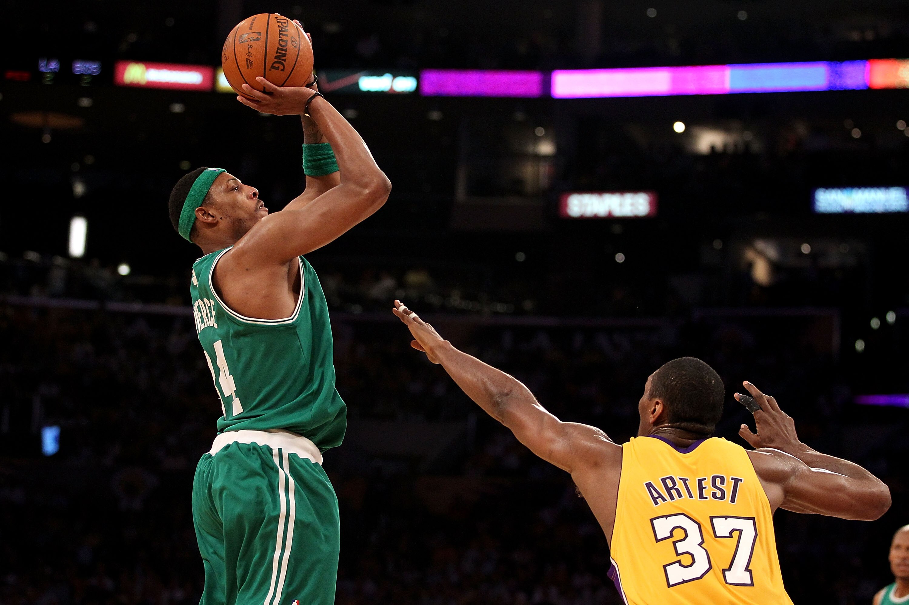 LOS ANGELES, CA - JUNE 15:  Paul Pierce #34 of the Boston Celtics shoots over Ron Artest #37 of the Los Angeles Lakers in Game Six of the 2010 NBA Finals at Staples Center on June 15, 2010 in Los Angeles, California.  NOTE TO USER: User expressly acknowle