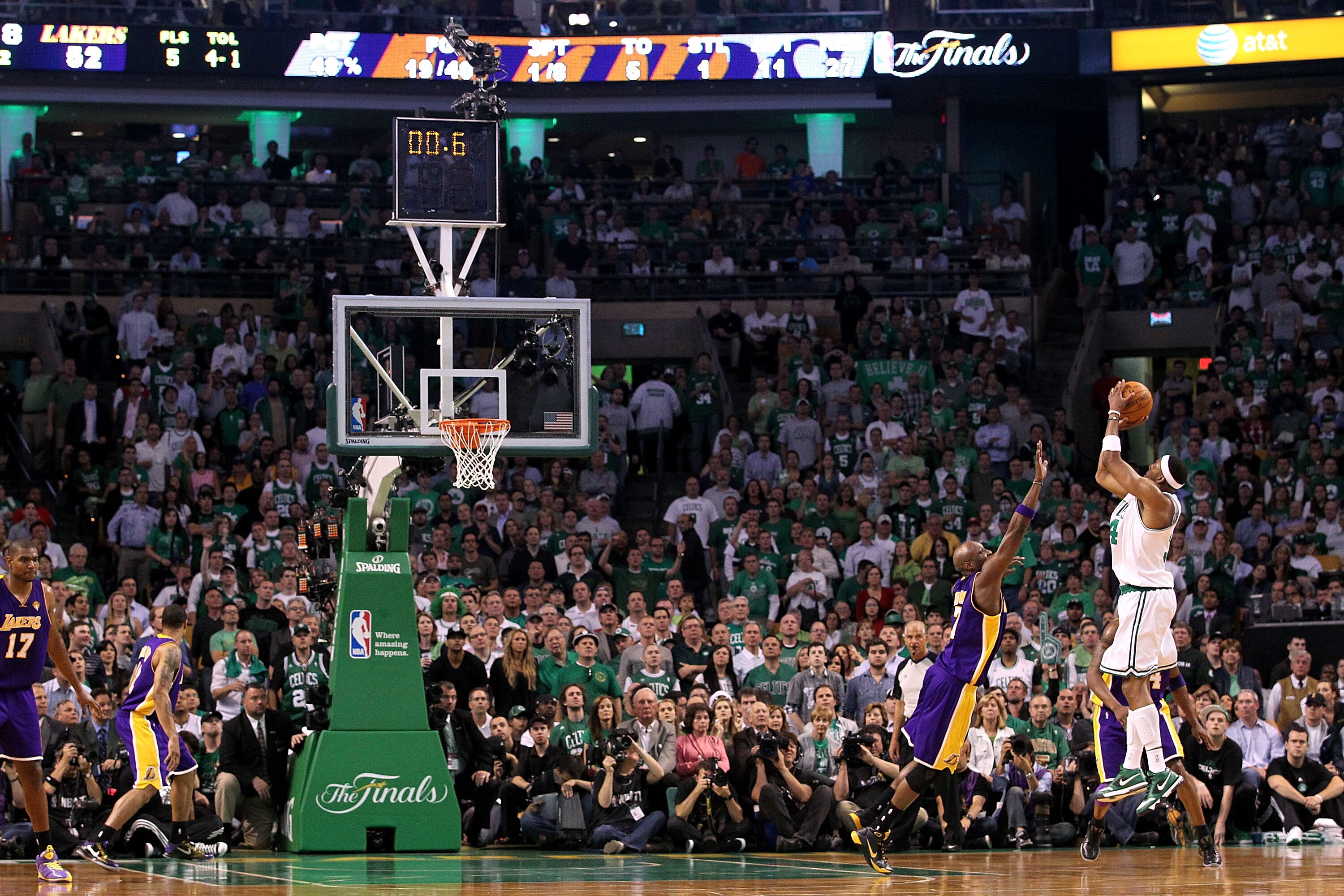 BOSTON - JUNE 08:  Paul Pierce #34 of the Boston Celtics puts a shot up over Lamar Odom #7 of the Los Angeles Lakers at the end of the first half of Game Three of the 2010 NBA Finals on June 8, 2010 at TD Garden in Boston, Massachusetts. NOTE TO USER: Use