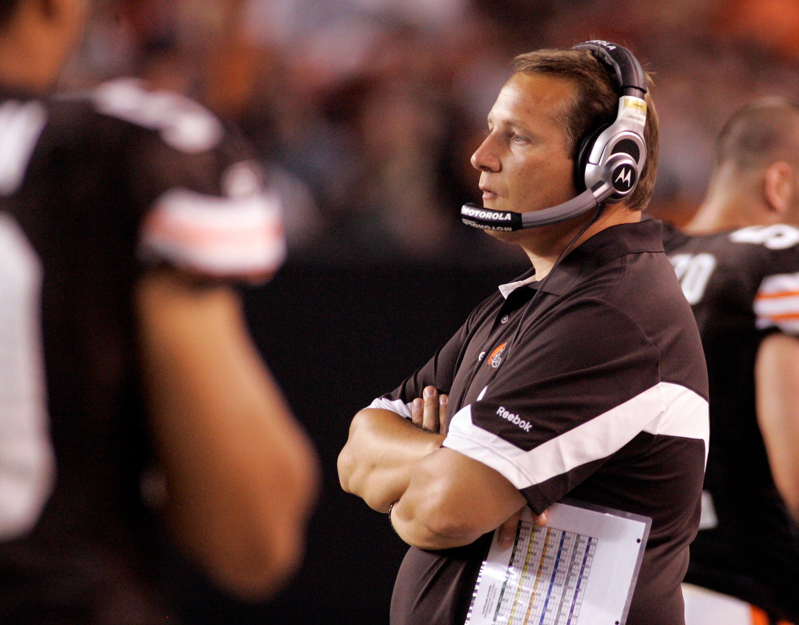CLEVELAND - SEPTEMBER 2: Cleveland Browns head coach Eric Mangini looks on during the preseason game against the Chicago Bears on September 2, 2010 at Cleveland Browns Stadium in Cleveland, Ohio. The Browns defeated the Bears 13-10. (Photo by Justin K. CLEVELAND - SEPTEMBER 2: Cleveland Browns head coach Eric Mangini looks on during the preseason game against the Chicago Bears on September 2, 2010 at Cleveland Browns Stadium in Cleveland, Ohio. The Browns defeated the Bears 13-10. (Photo by Justin K.