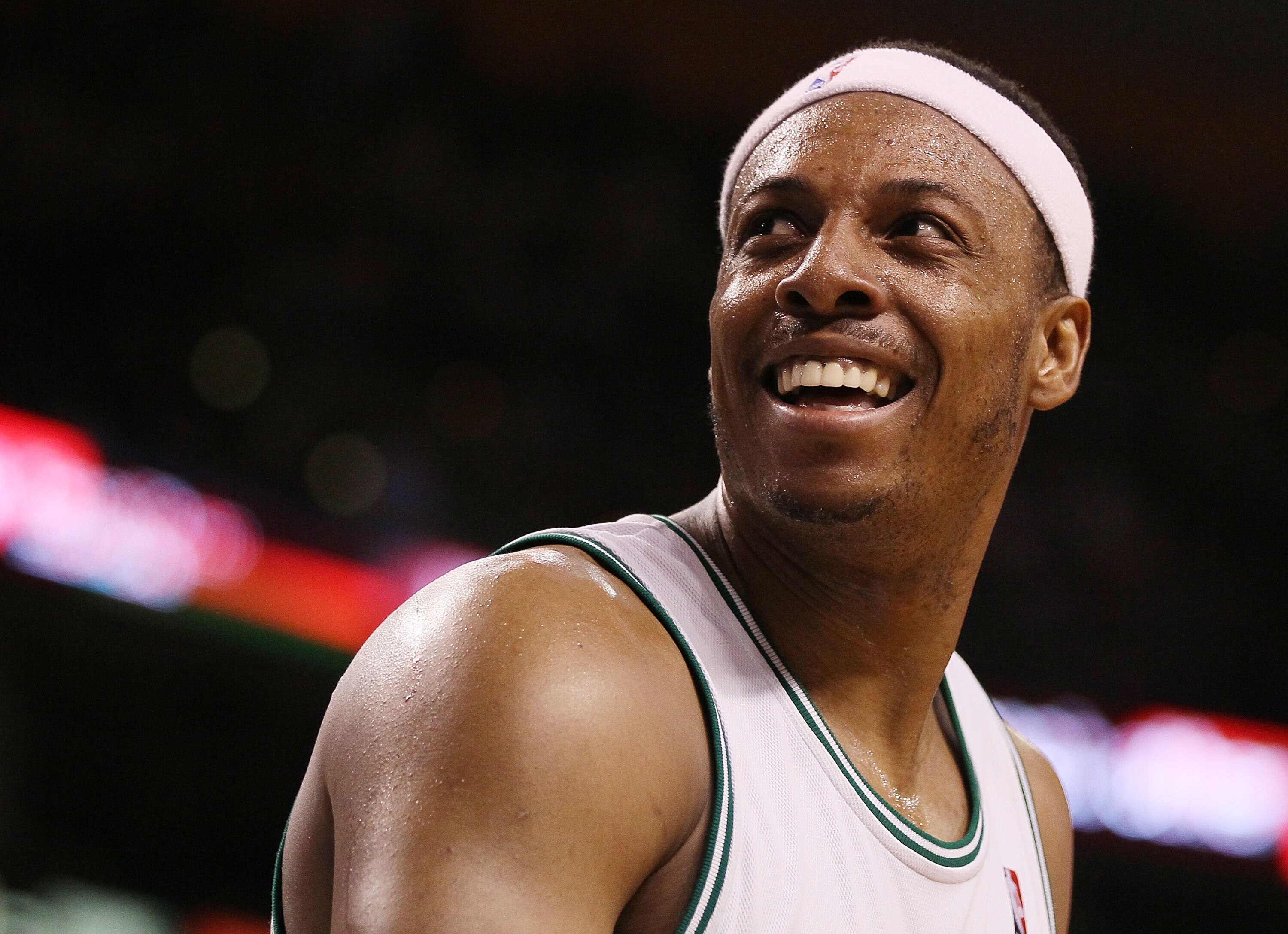 BOSTON - APRIL 27:  Paul Pierce #34 of the Boston Celtics smiles after the Celtics regain the ball from the Miami Heat during Game Five of the Eastern Conference Quarterfinals of the 2010 NBA playoffs at the TD Garden on April 27, 2010 in Boston, Massachu