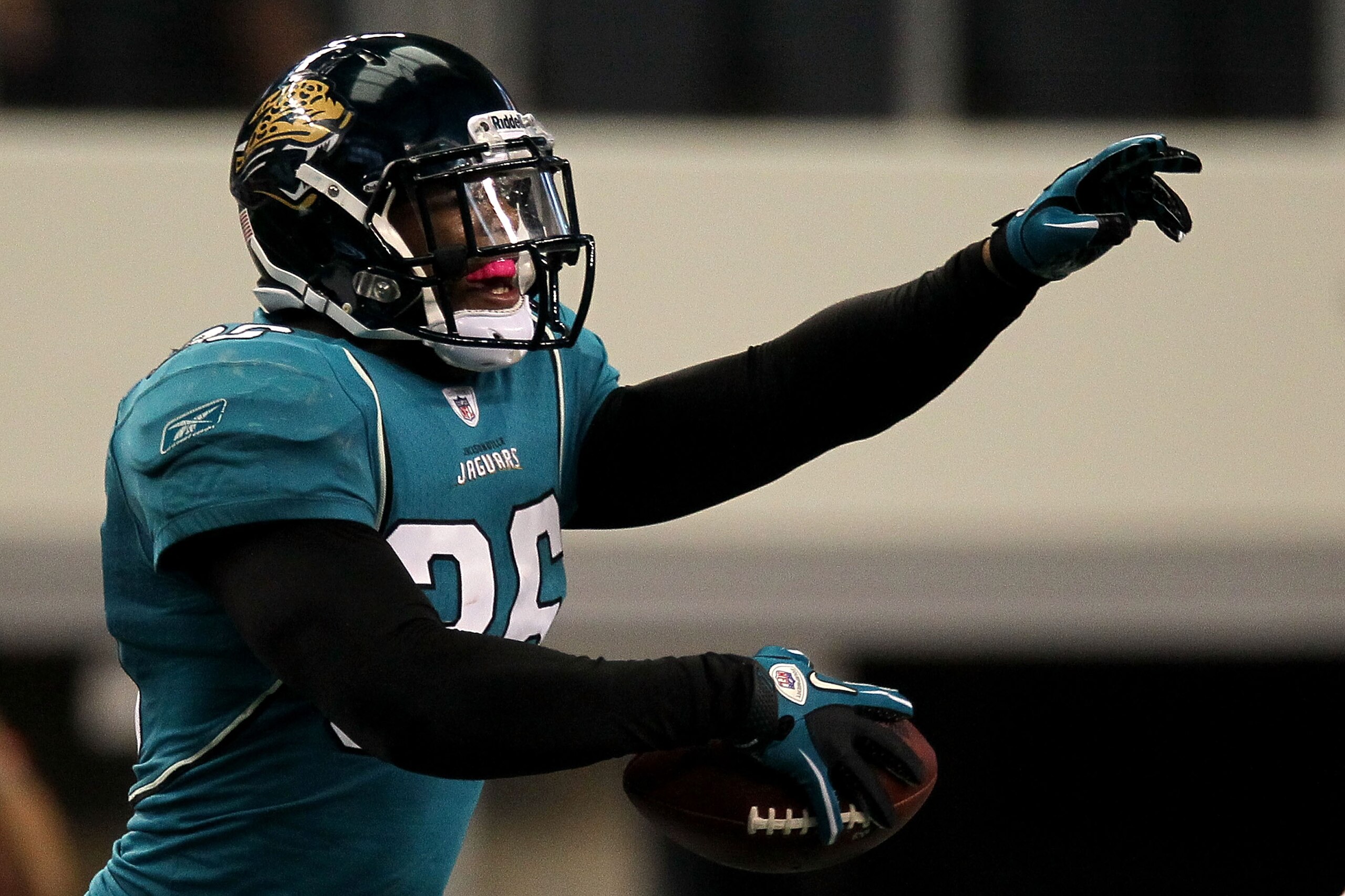 ARLINGTON, TX - OCTOBER 31:  Courtney Greene #36 of the Jacksonville Jaguars reacts against the Dallas Cowboys at Cowboys Stadium on October 31, 2010 in Arlington, Texas.  (Photo by Stephen Dunn/Getty Images)