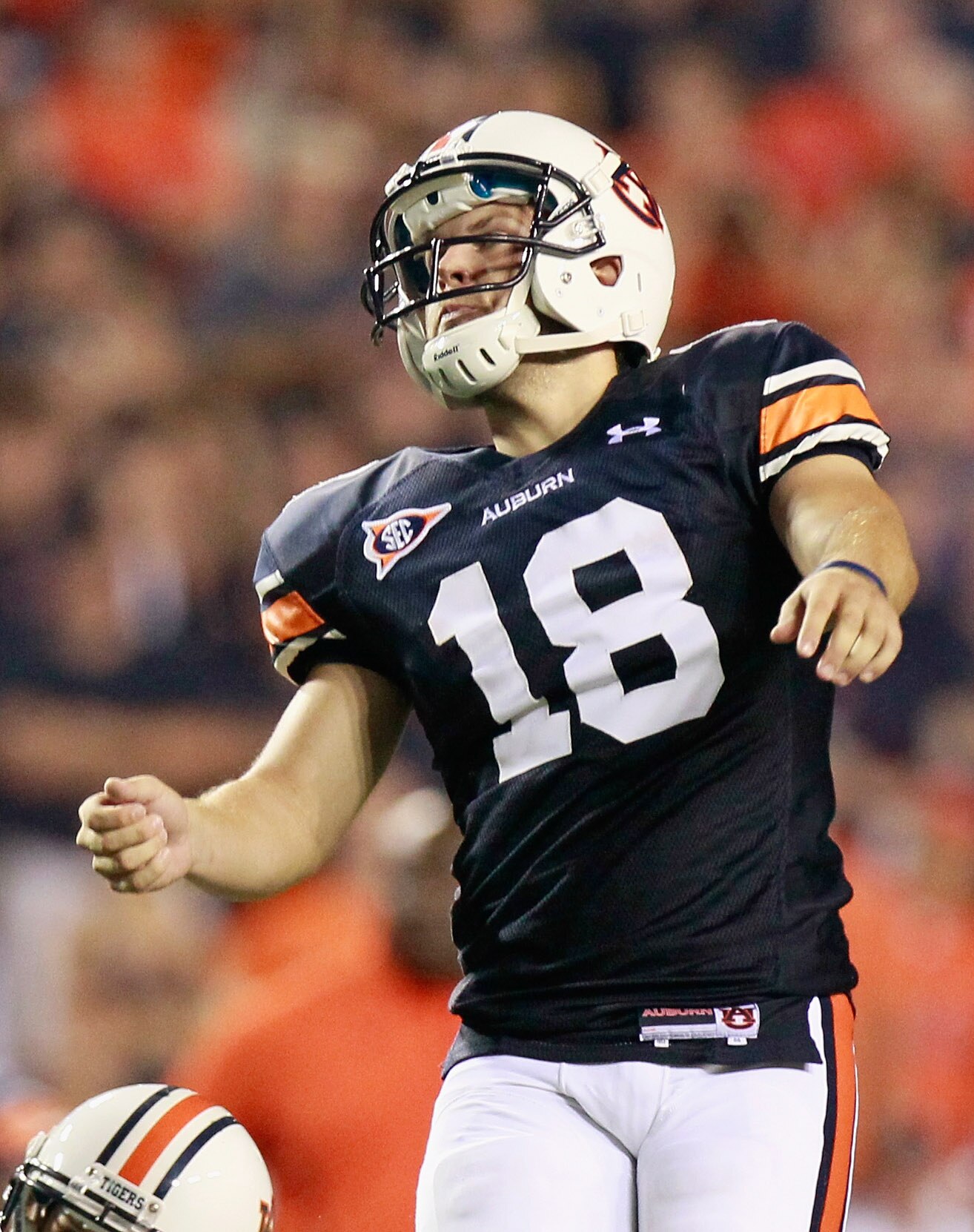 AUBURN, AL - SEPTEMBER 18:  Kicker Wes Byrum #18 of the Auburn Tigers kicks the go-ahead field goal in overtime against the Clemson Tigers at Jordan-Hare Stadium on September 18, 2010 in Auburn, Alabama.  (Photo by Kevin C. Cox/Getty Images)