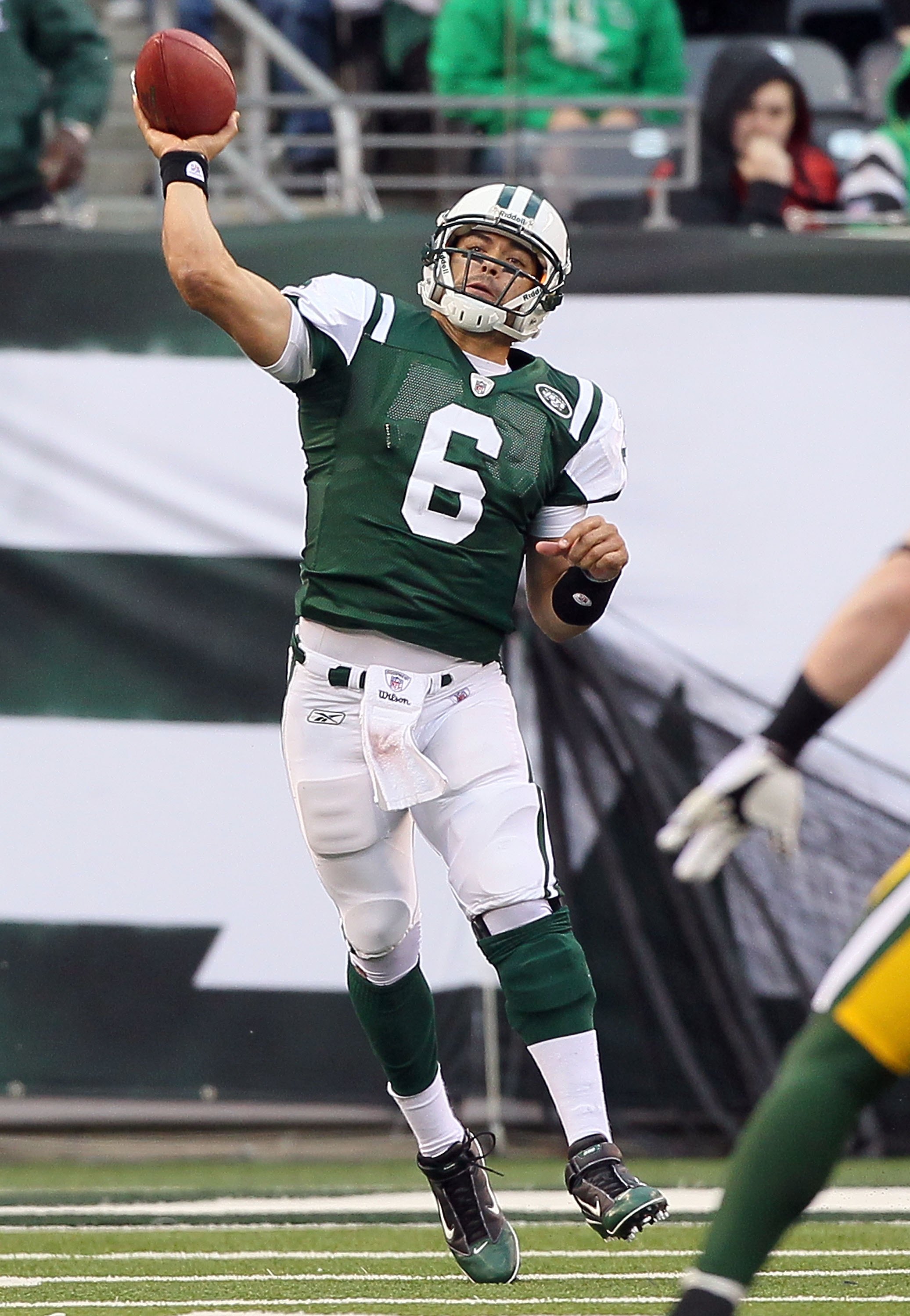 EAST RUTHERFORD, NJ - OCTOBER 31:  Mark Sanchez #6 of the New York Jets throws a pass against the Green Bay Packers on October 31, 2010 at the New Meadowlands Stadium in East Rutherford, New Jersey. The Packers defeated the Jets 9-0.  (Photo by Jim McIsaa